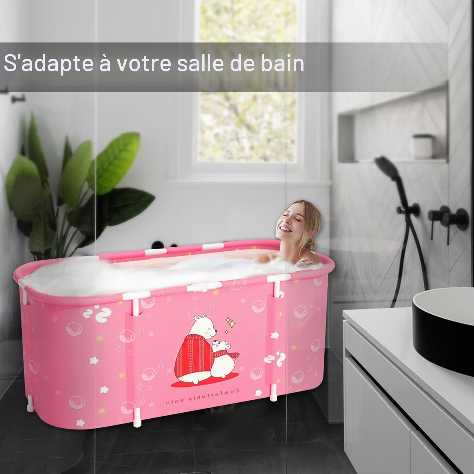 Baignoire pliable pour adultes, 115 x 60 cm, installation facile, bac pliable écologique, idéal pour la détente domestique et spa, baignoire adulte (rose)