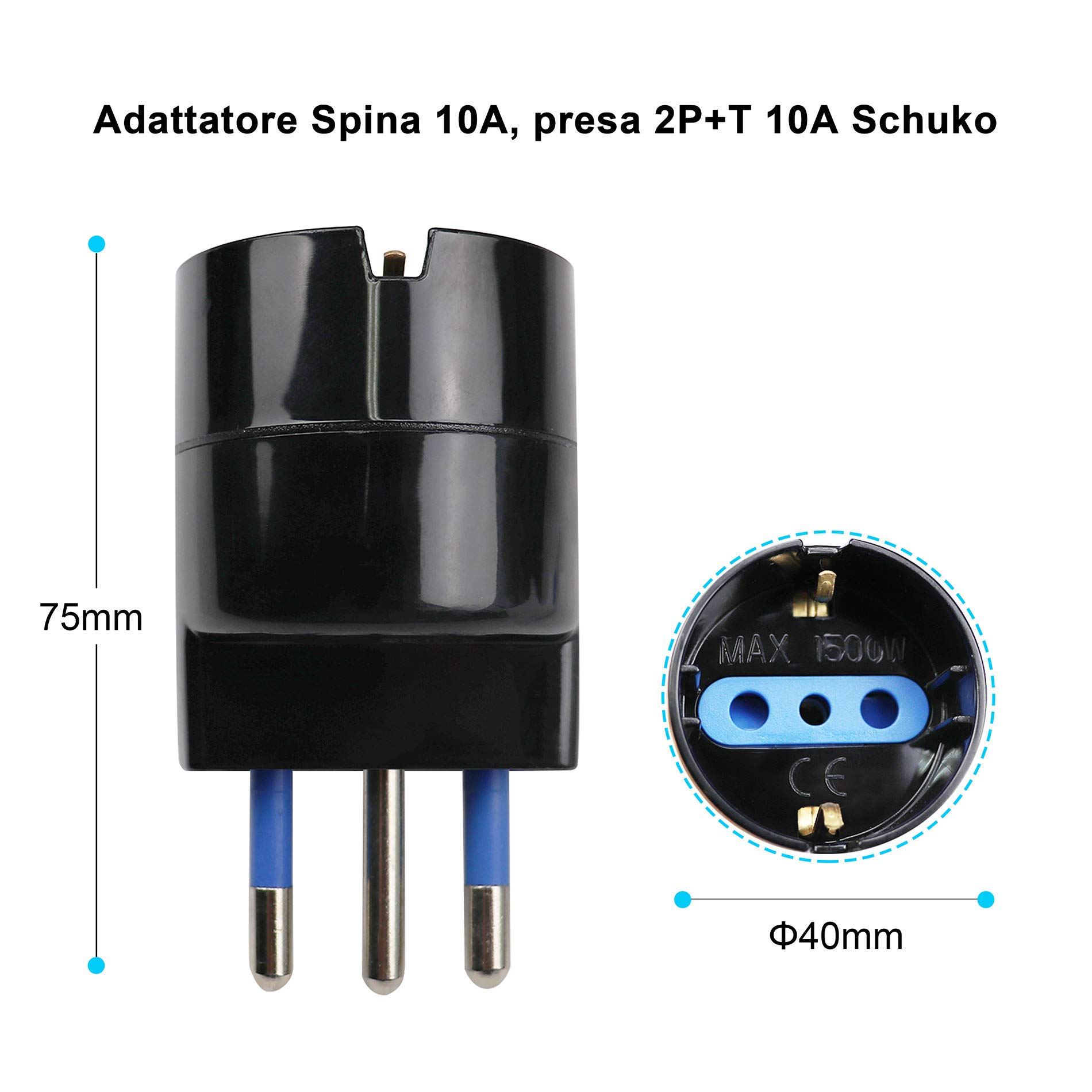 EXTRASTAR Set 4 Adattatori da Schuko a Spina Piccola 10A, Nero, Confezione da 4