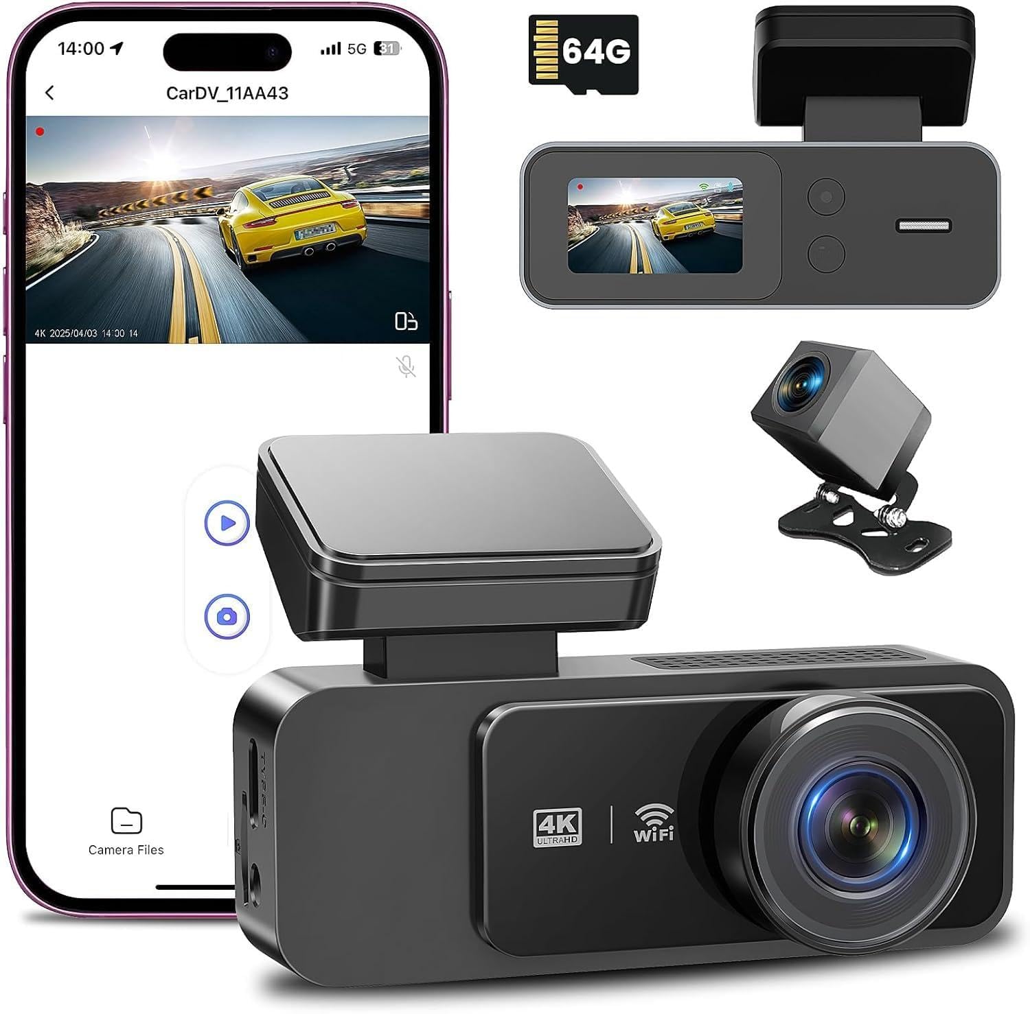 Dash Cams for Cars Front and Rear 4K +1080P