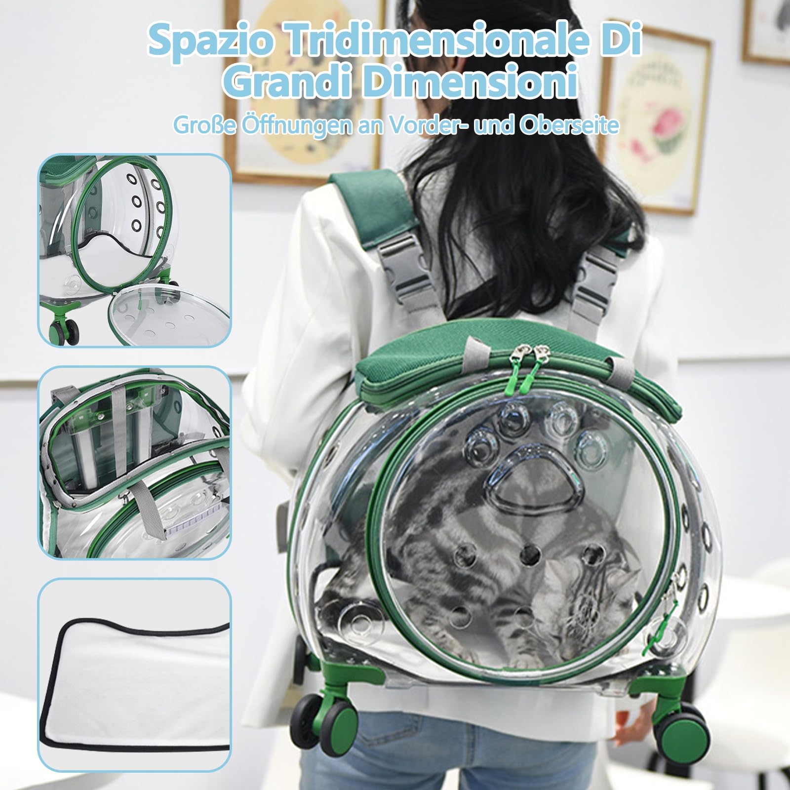 Galatée Borsa Da Viaggio Per Gatti, Schienale Rimovibile e Traspirante, Ampia Apertura, Interno Spazioso, Borsa Trolley Trasparente Per Cani e Gatti (Verde)