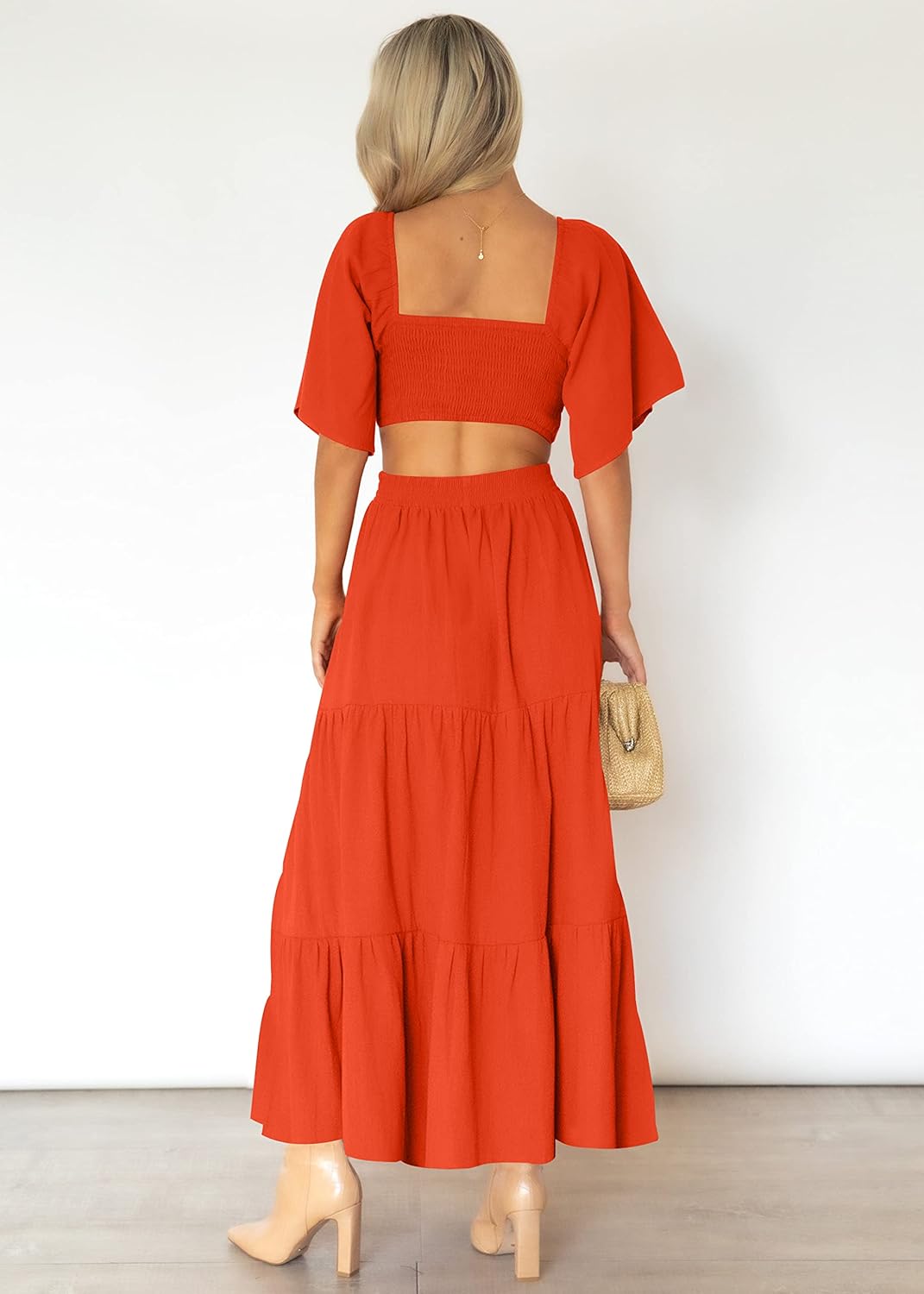 LEANI Women's 2025 Summer Cutout Maxi Dress Square Neck Short Sleeve Crossover Waist Casual Party Dresses - Image 8