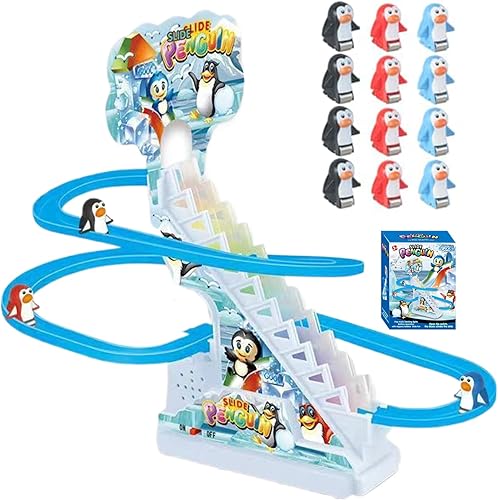 Miniatura 5 de Pista de coche de juguete eléctrico pingüino escalada escaleras juguetes con 9 pingüinos juguete, juego de pista de carreras con música y luces LED