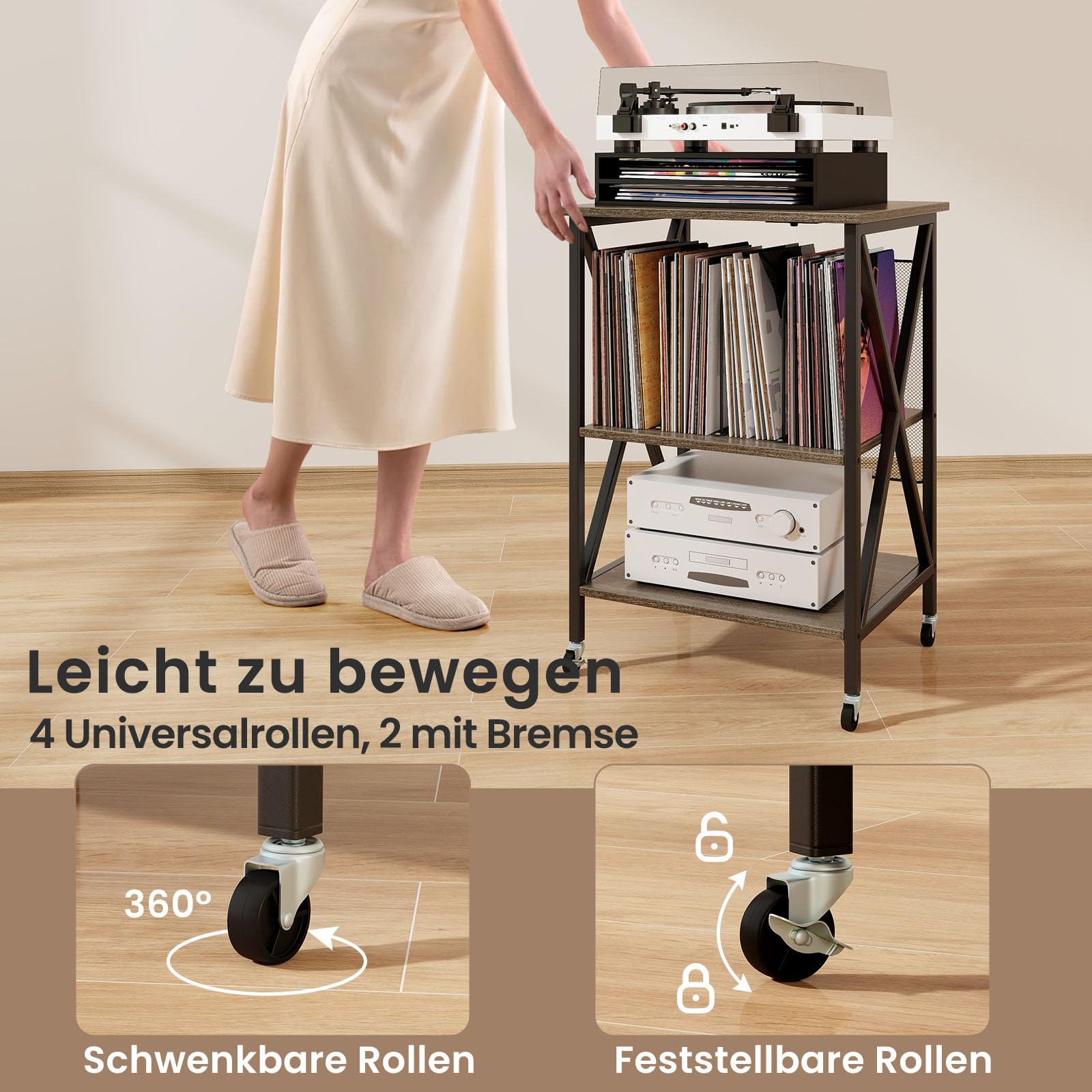 GOPLUS platenspeler standaard, platenstandaard met oplaadstation & wielen, vinyl platenspeler-rek platenspelerstandaard platentafel bijzettafel voor woonkamer (rustiek bruin
