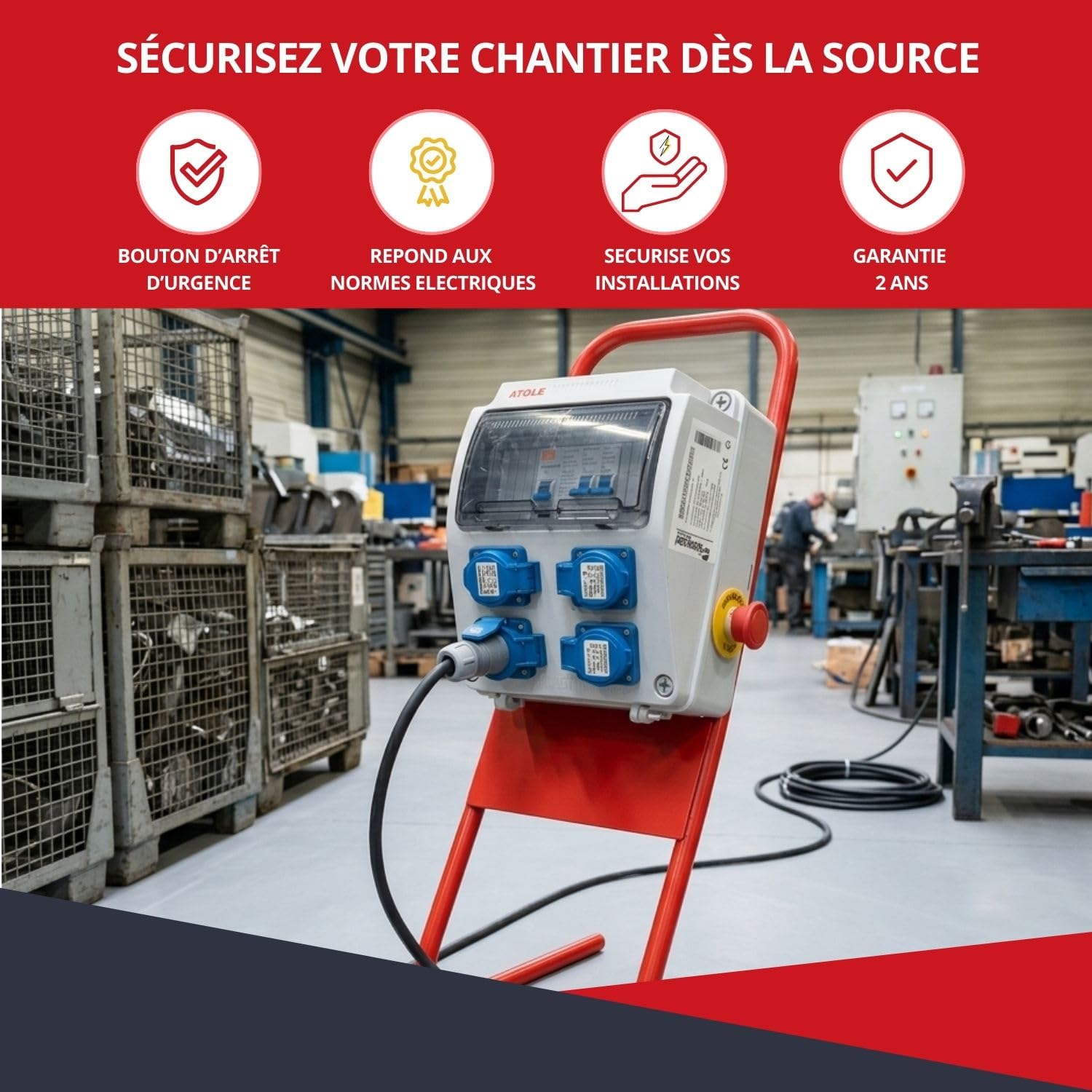 Coffret de Chantier monophasé - 4 Prises NF 2P+T - 50hZ - 16A NF - 250V - 9 modules