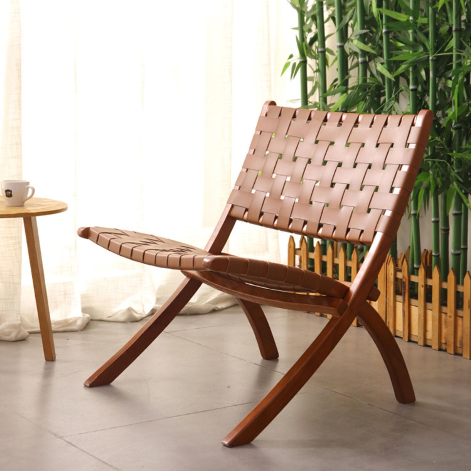 Składane krzesło z litego drewna wiklinowe ergonomiczne przenośne krzesło na balkon do wnętrz wypoczynek jadalnia studia makijaż biuro brązowa skóra