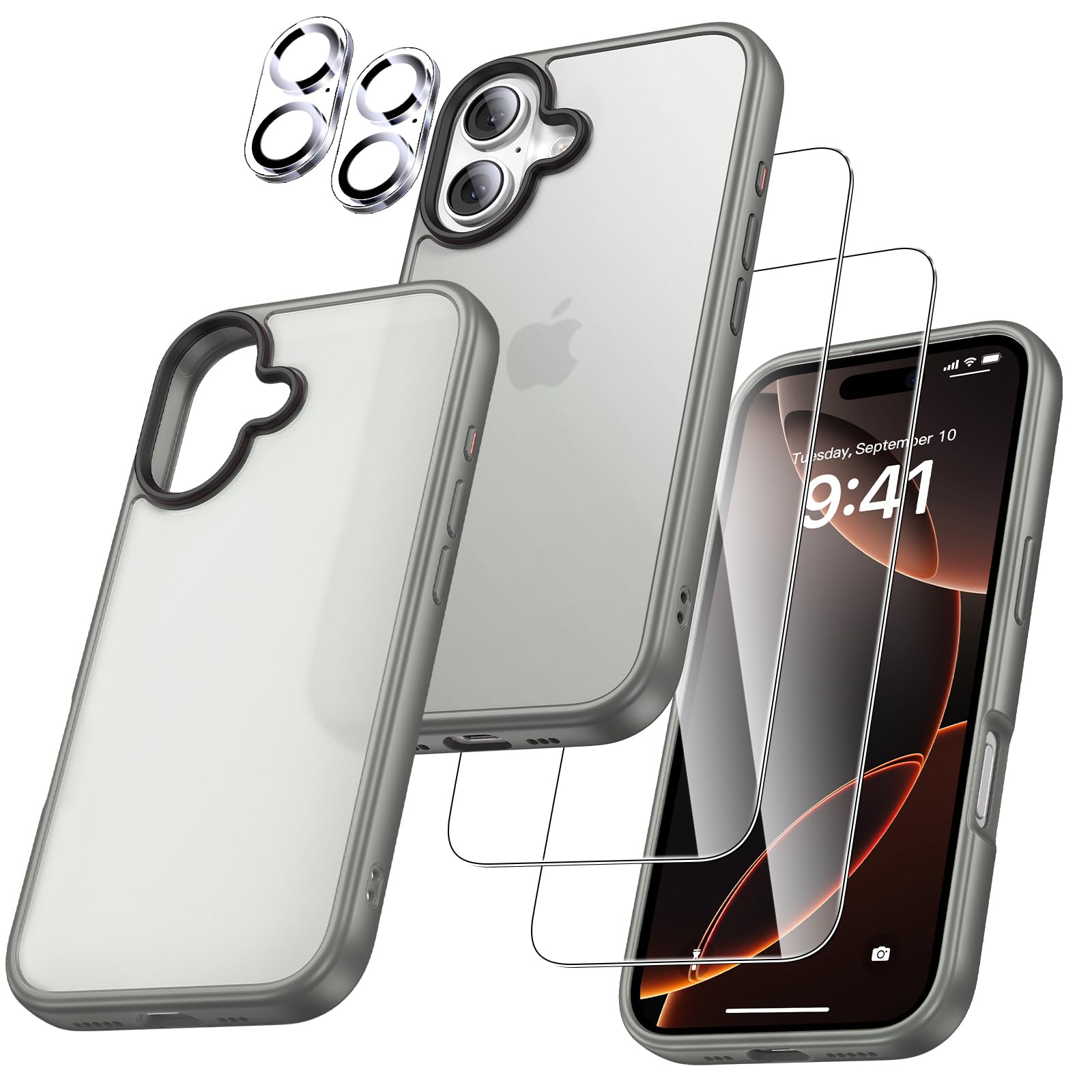 UniqueMe für iPhone 16 Hülle, 5-in-1-Set Handyhülle für iPhone 16 Case Rundumschutz Schutzhülle Cover,1 Handyhülle & 2 Schutzfolie & 2 Kameraschutz - Matt Grau
