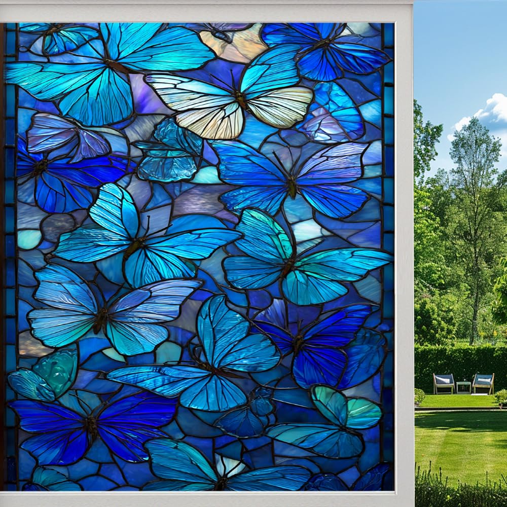 Mysterious Animal Stained Glass Window Film, Natural Flower Butterfly Peel and Stick Privacy Film, Frosted Adhesive Vinyl Decorative for Bathroom Windows Glass Doors, （55x90cm）