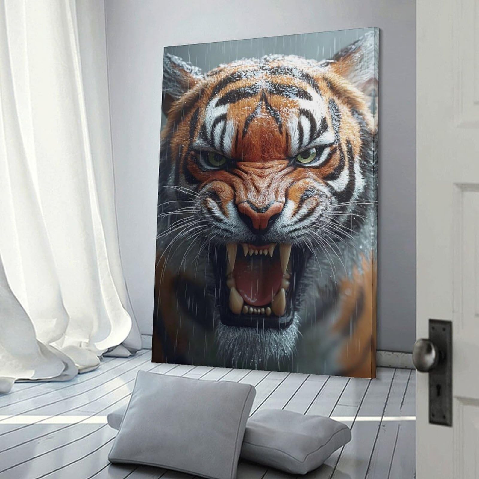 Junmoney Frame-Style-2 Decorative Wall Artwork Roaring Tiger In The Rain, 08X12inch(20X30cm), For New Homes, Bedrooms Or Workspaces, Canvas Artwork With Gifting Potential