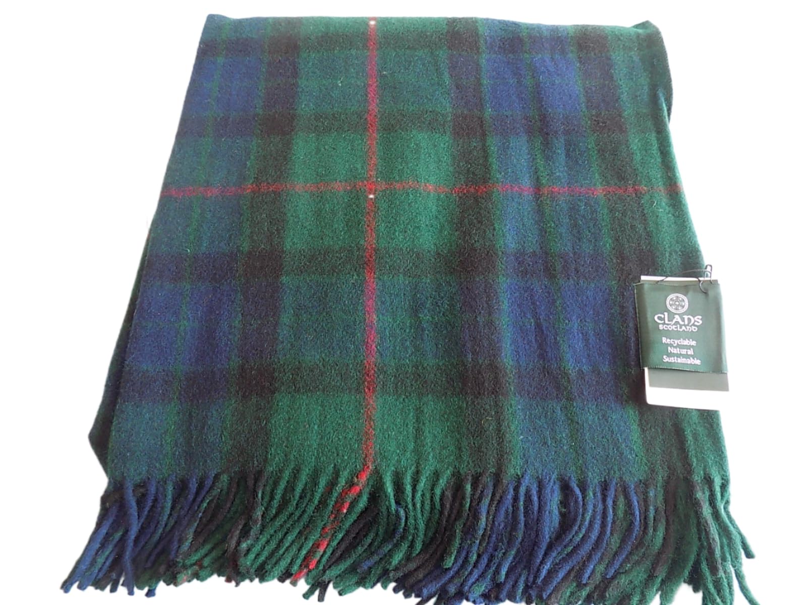 Clans Of Scotland Green/Navy Black Stripe Check Clans Scotland Wool Blend Tartan Blanket/Throw Gunn Tartan