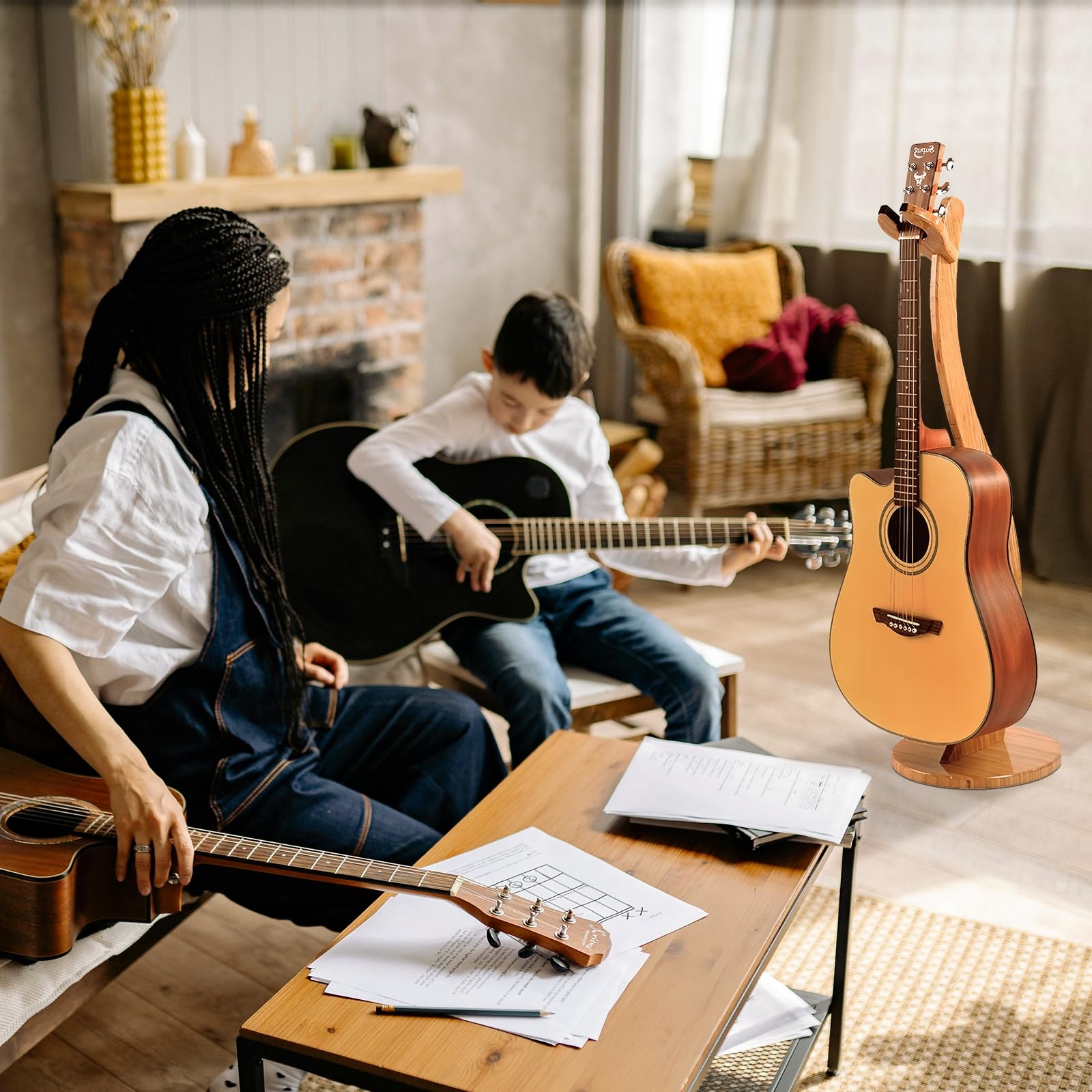 Miwayer Support de guitare en bois de bambou pliable universel épais avec protection en cuir souple, accessoires de guitare acoustique, classique, électrique, basse