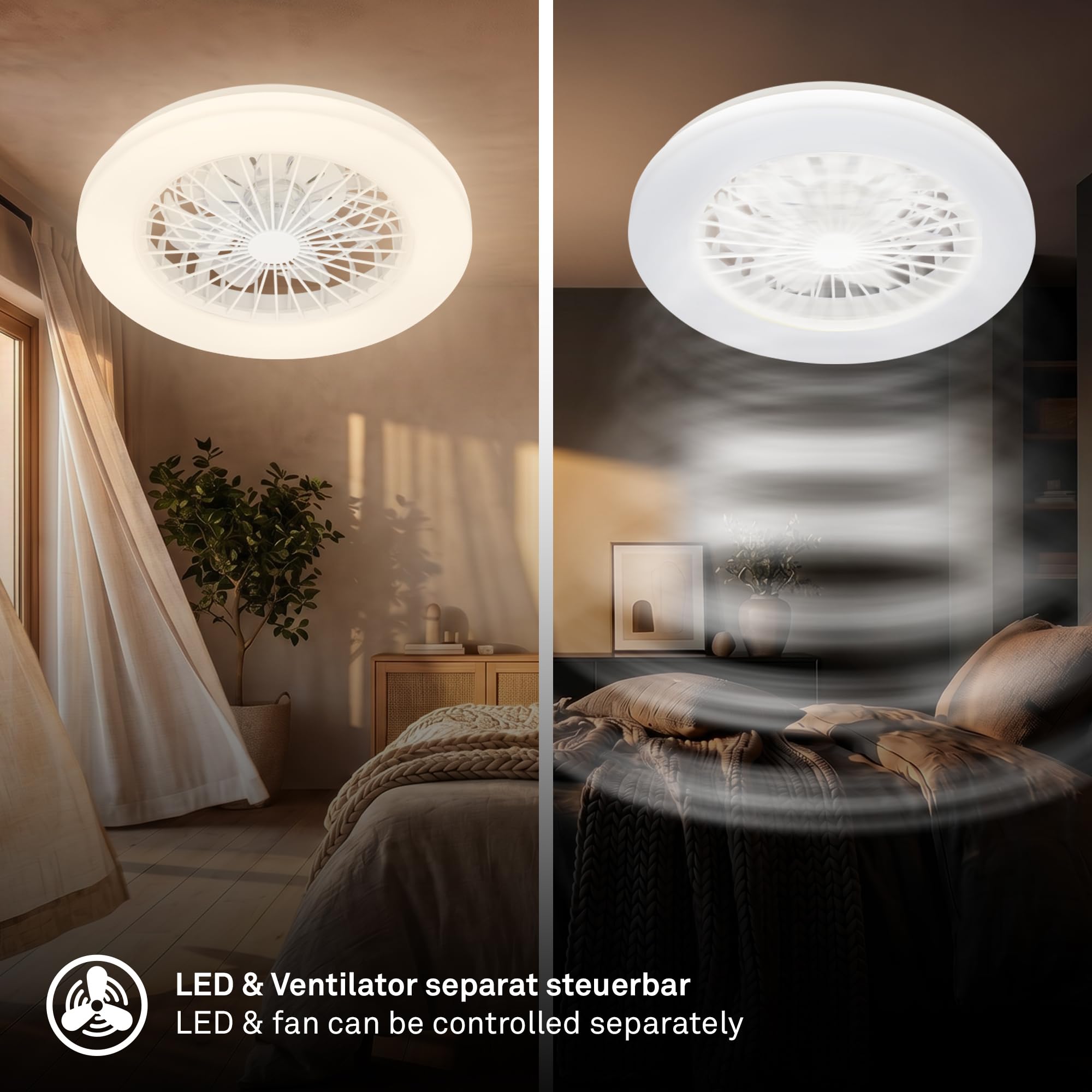 BRILONER - CCT Deckenventilator mit Beleuchtung 5 Geschwindigkeiten, Fernbedienung, Dimmbar, Timer, Schlafzimmerlampe, Wohnzimmerlampe, Deckenlampe mit Ventilator, 48,5x14,5 cm (DxH), Weiß