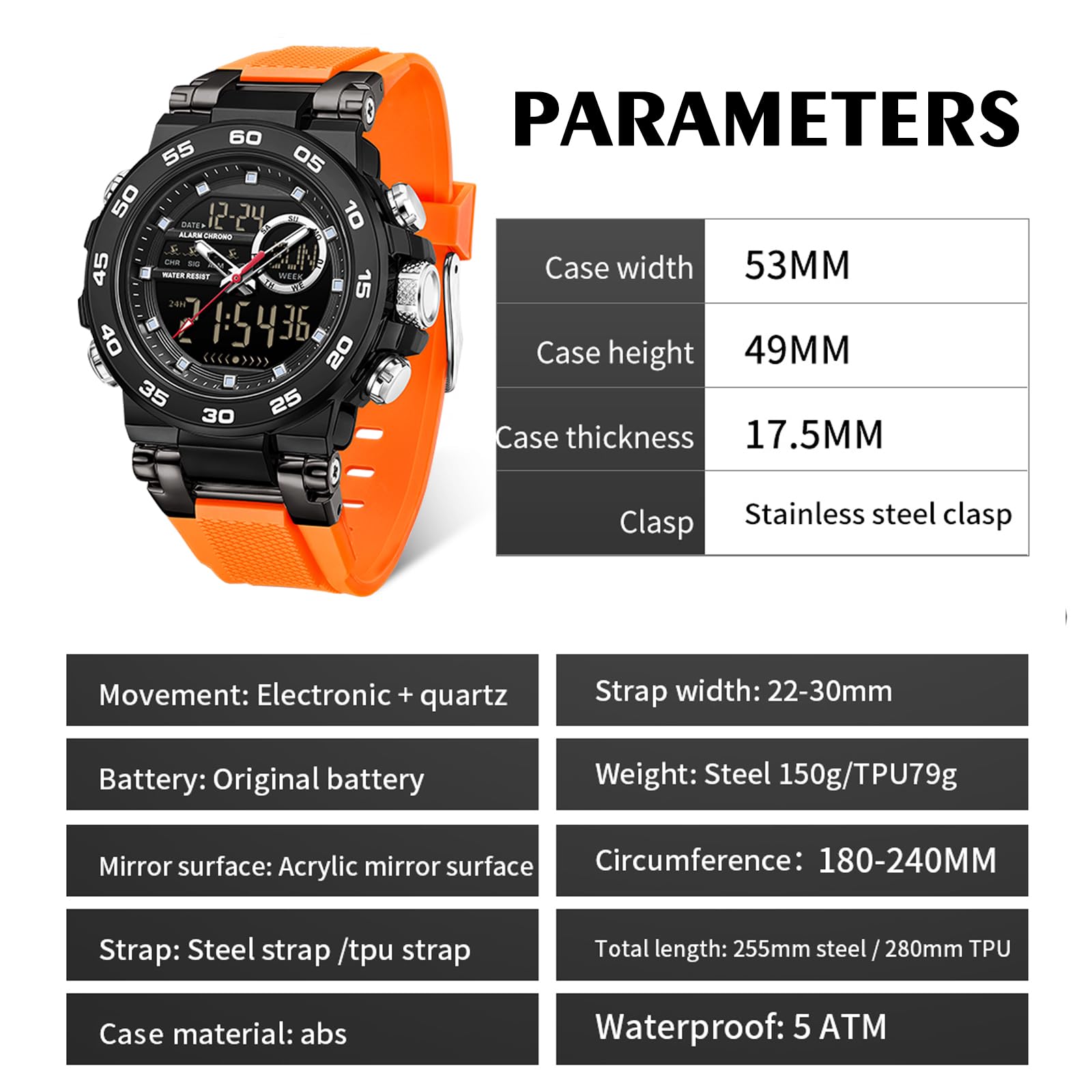 findtime Reloj digital táctico militar para hombre, resistente al agua, 5 ATM, reloj analógico con retroiluminación LED de 12/24 horas, alarma, cronómetro, timbre cada hora