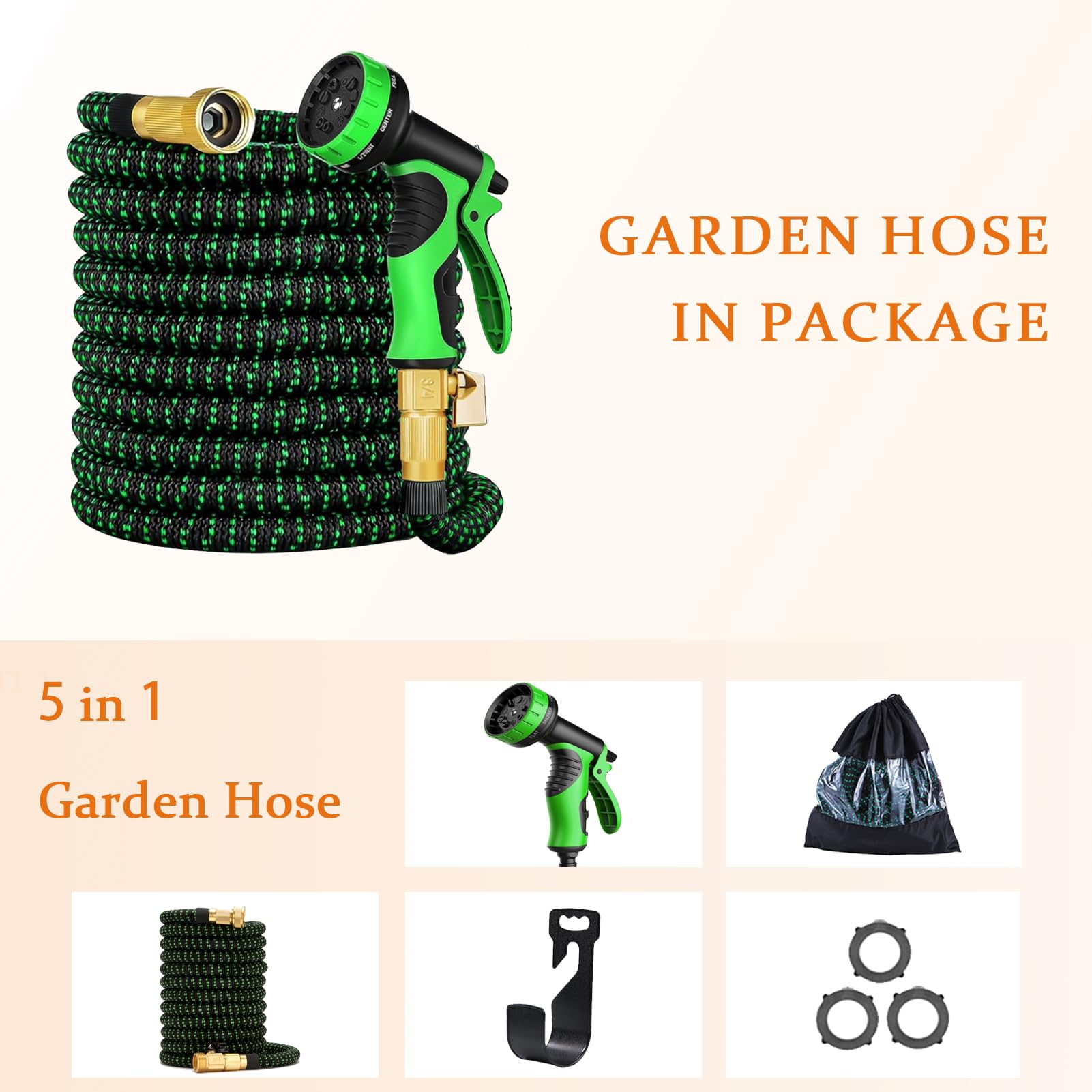 Tubo da Giardino Estensibile 50m – Antigoccia con 10 Modalità Spray, Tessuto 3450D Rinforzato & Attacchi in Ottone – Leggero e Compatto per Terrazzo, Lavaggio Auto (Green,100FT/30M)