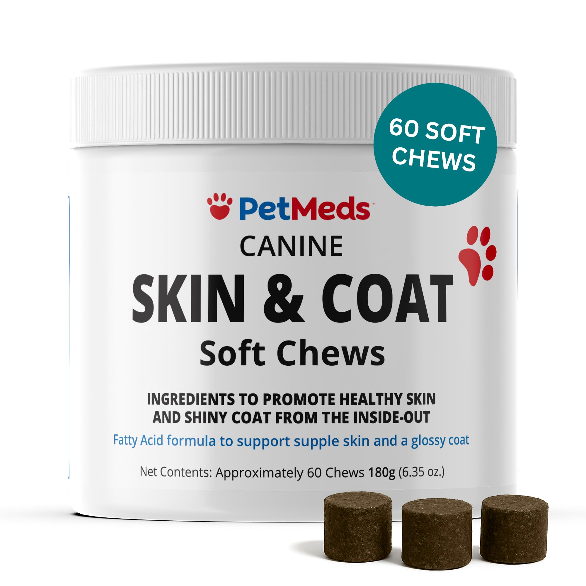 PetMeds Skin &amp; Coat Supplement for Dogs - Fish Oil, Omega 3, Vitamin E, &amp; Biotin for Dry, Itchy Skin &amp; Shedding Relief - Healthy Skin &amp; Shiny Coat - Beef &amp; Sweet Potato Flavor - 60 Soft Chews
