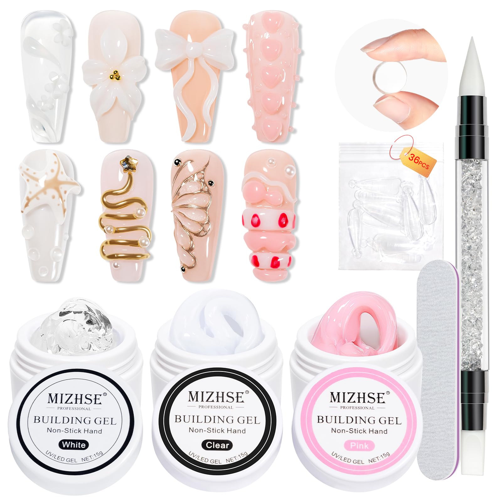 MIZHSE Solid Builder Gel for nails, 3 Colors Sculpting Gel for Nails, Clear White Pink Non-Sticky Hand 3D Nail Art Building Carving Modeling Hard Nail
