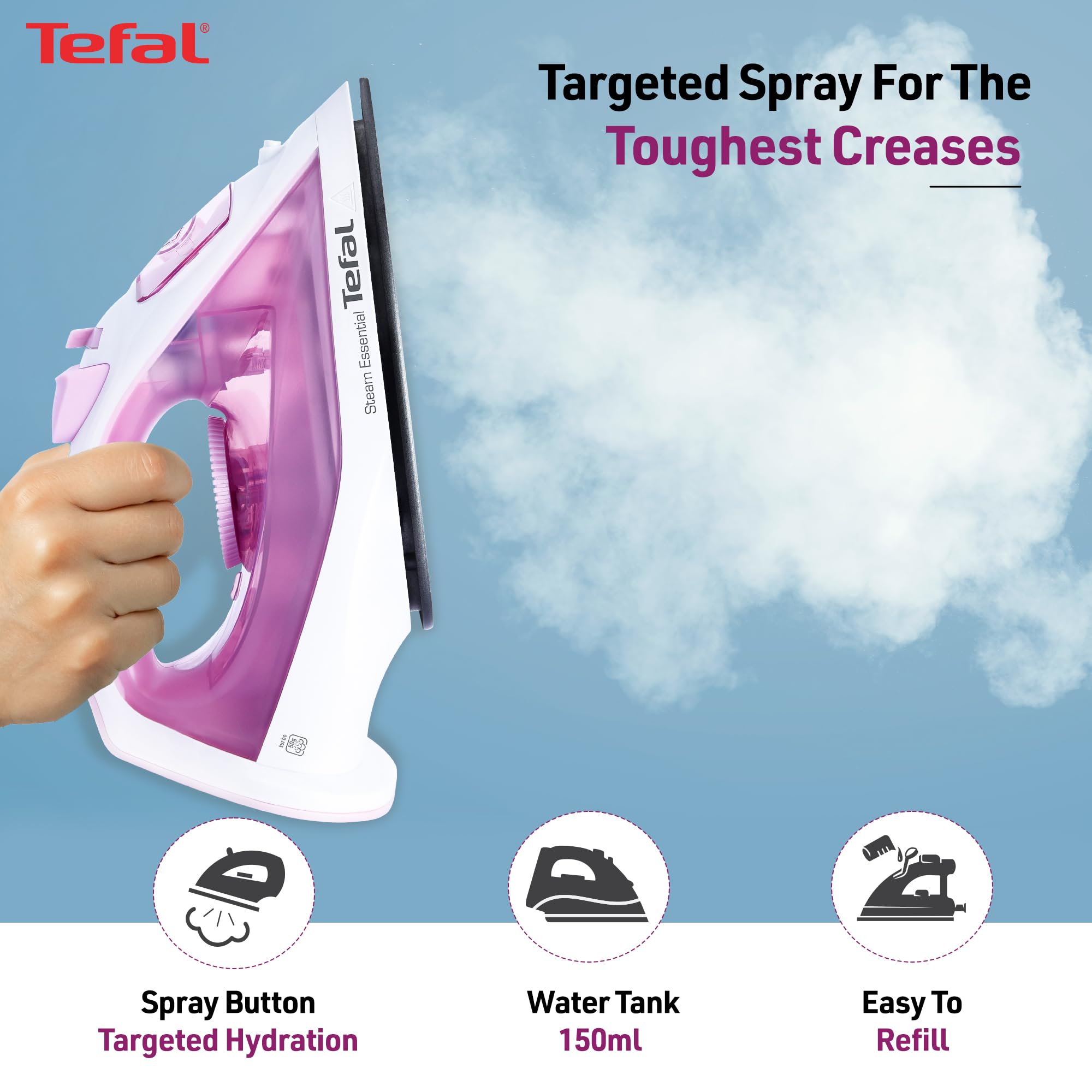 Tefal Pink Steam Essential Iron | 1200 Watts Lightweight Steam Iron with Non-Stick Soleplate | Continuous Steam Boost | Vertical Steaming | No.1 Ironing Brand in Europe | 2-Year Warranty 4