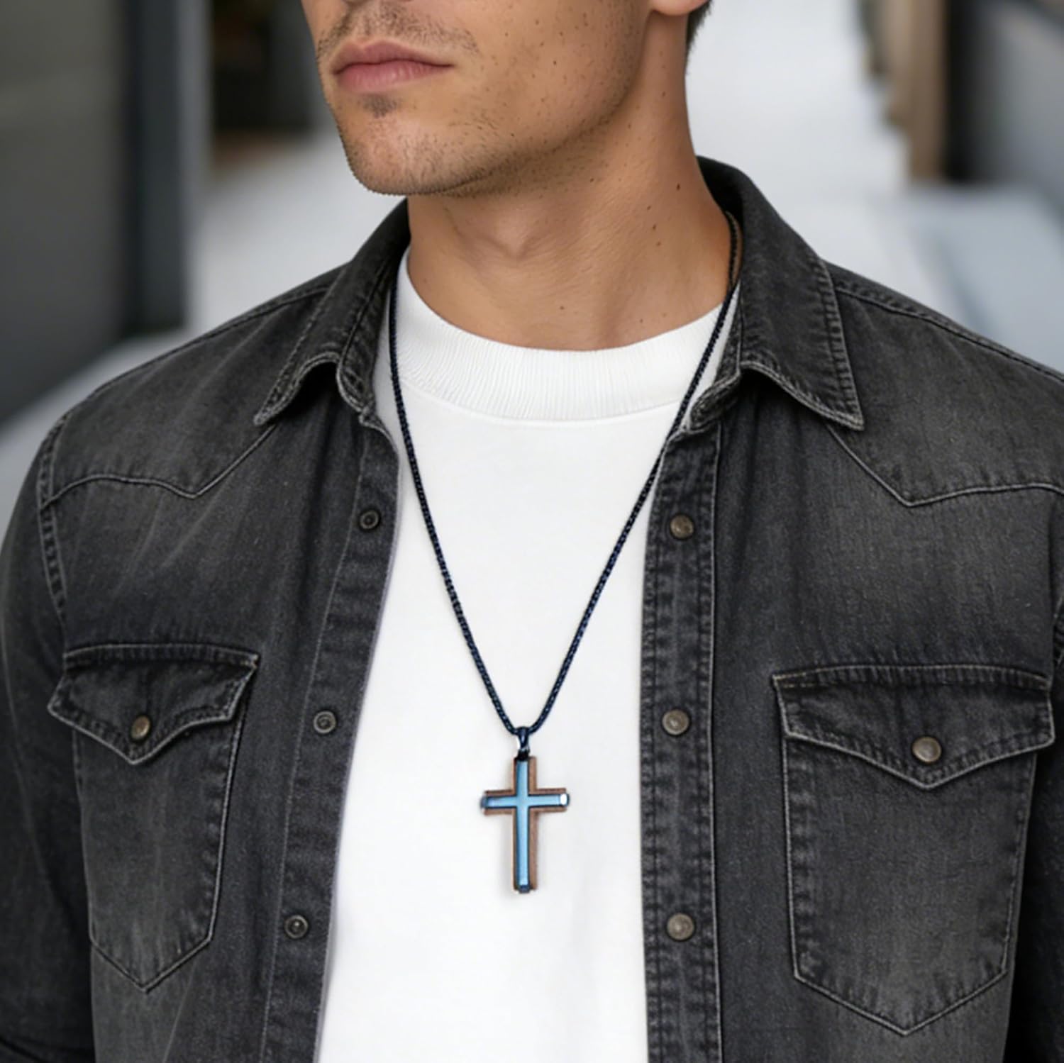 Wooden Cross Necklace for Men-Black Ebony Stainless Steel Adjustable Box Chain 24-26in,Christian Jewelry Gift for Men Women - Image 4