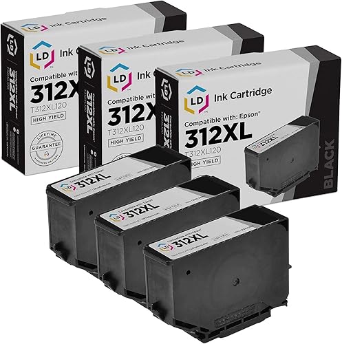LD Productos Cartucho de tinta remanufacturado Reemplazos para Epson 312XL T312XL120 Alto Rendimiento (negro, 3-Multipack) Compatible con la