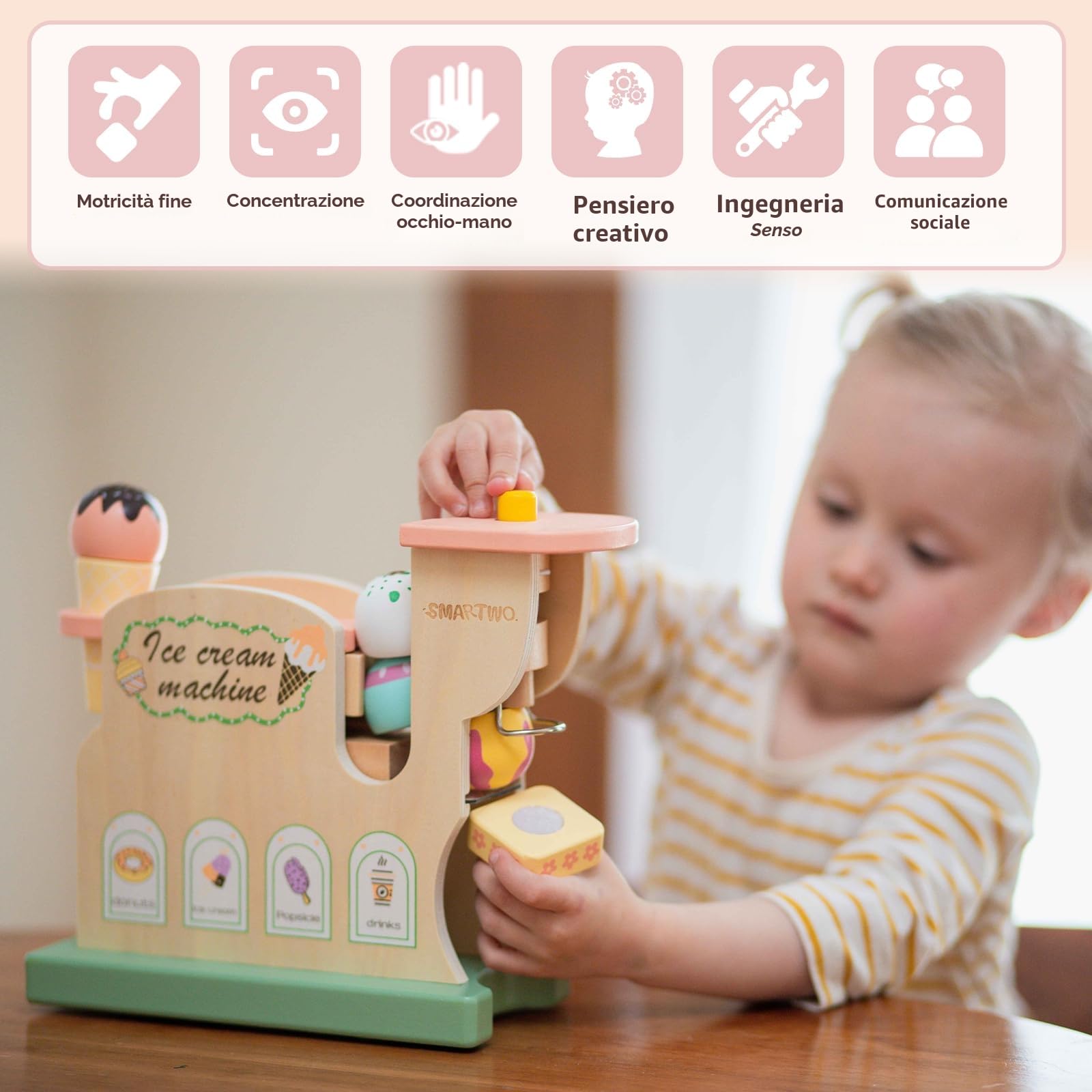 Gelatiera per Bambini in Legno, Giochi Gelato Bambina, Macchina Gelato Bambini, Cucina Giocattolo per Bambini, Accessori Cucina Legno, Regalo per Bambina 3 4 5 6 Anni