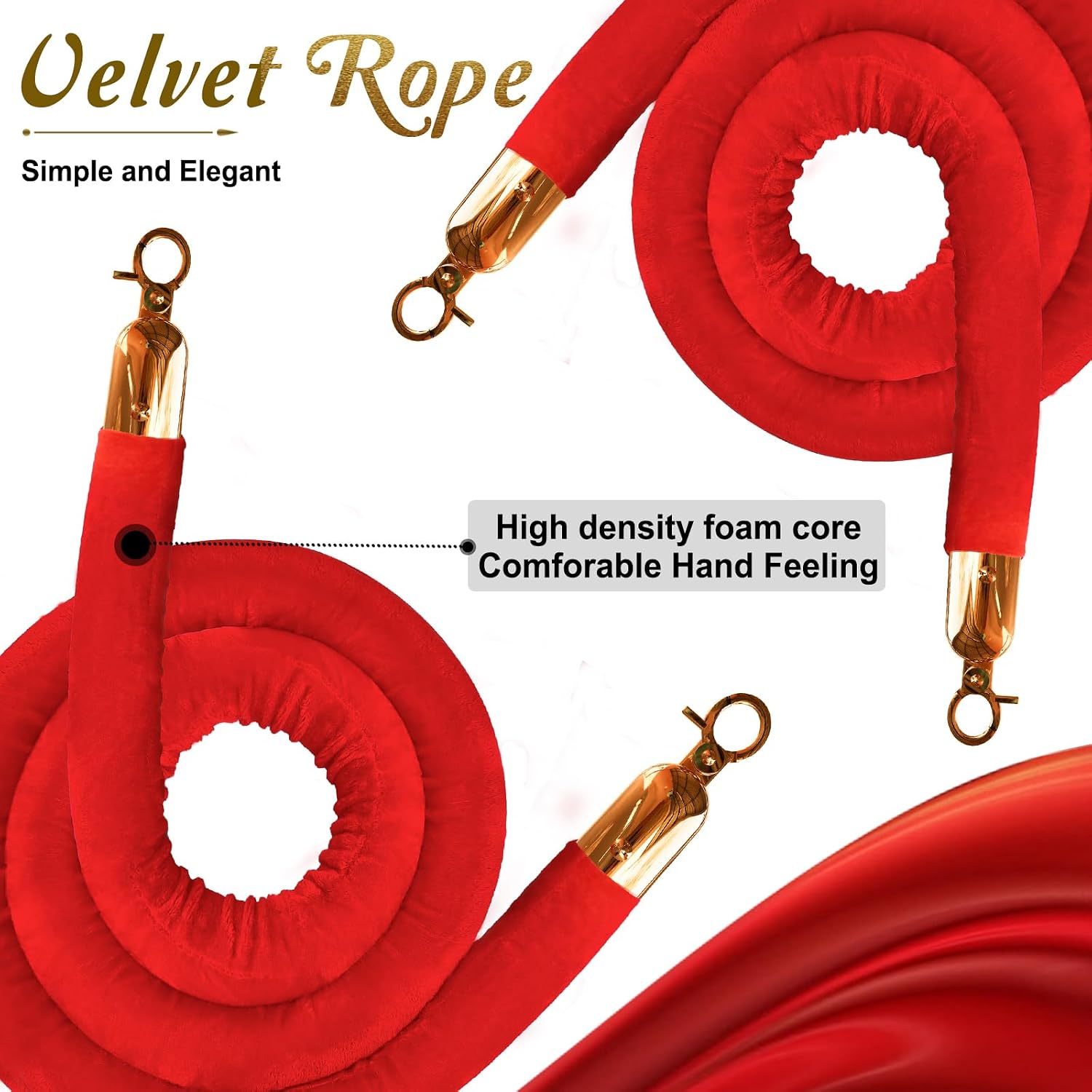 2PCS Red Velvet Stanchion Rope 5 Ft Crowd Control Ropes Barrier with Gold Hooks for Party image 4