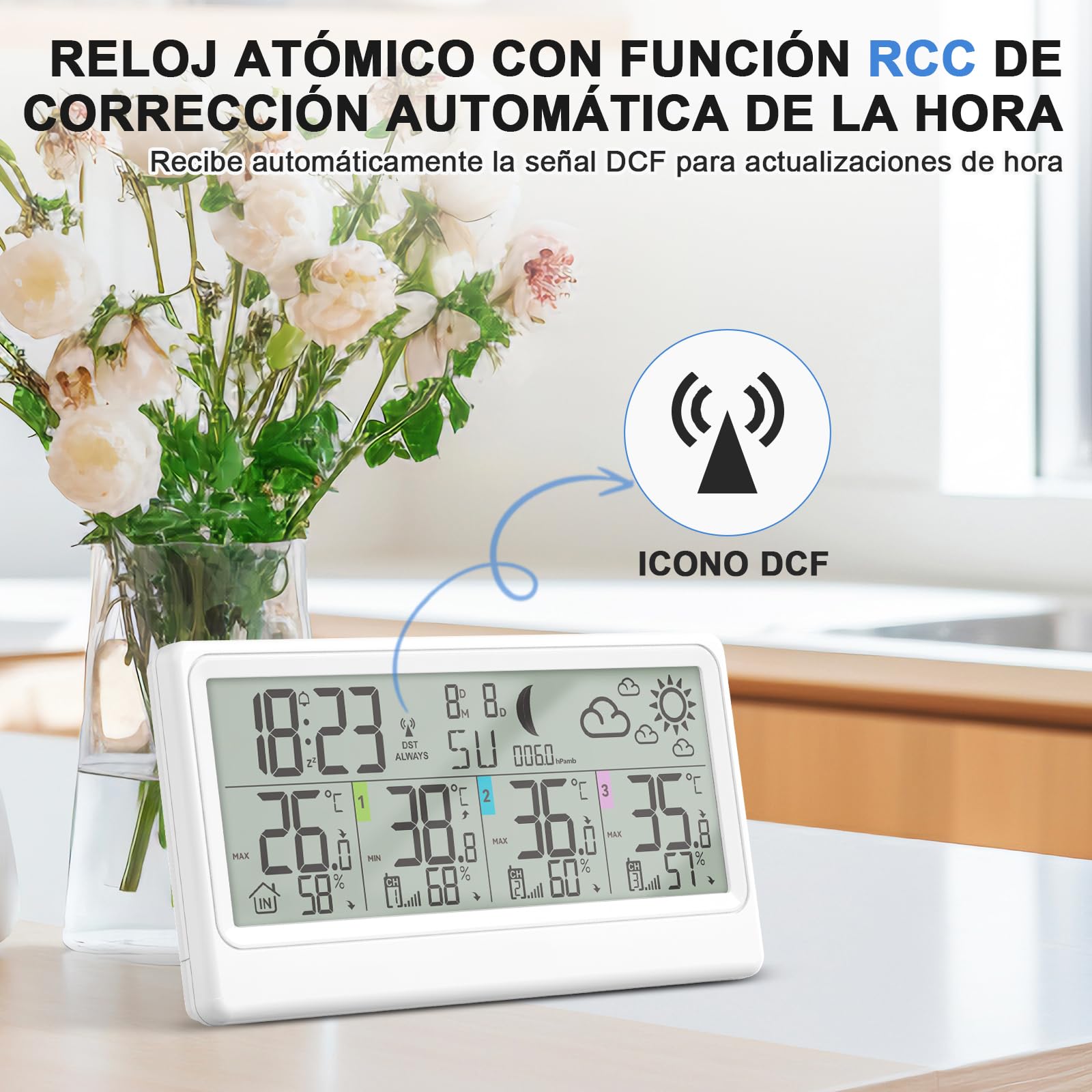 Estacion Meteorologica Inalámbrica Con 3 Sensores, Termómetro Higrómetro Barómetro Interior Exterior Pantalla LED De 8.5', Reloj Atómico Pronóstico Del Tiempo Temperatura Humedad Reloj Digital Alarma