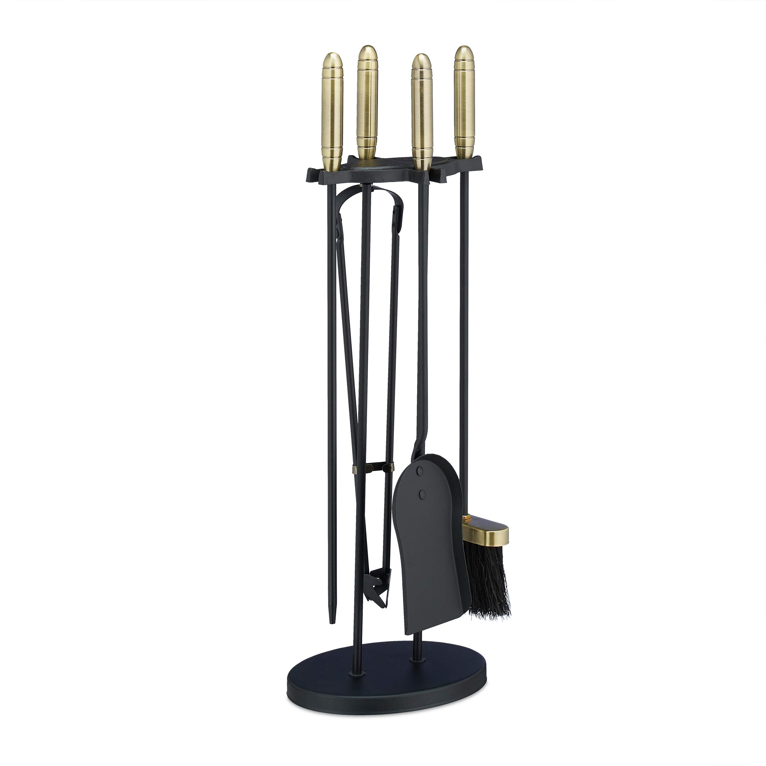 Relaxdays 10028781 Ensemble serviteur de cheminée 5 pièces, acier laiton, accessoire pelle balai support tisonnier, noir/​or, 1