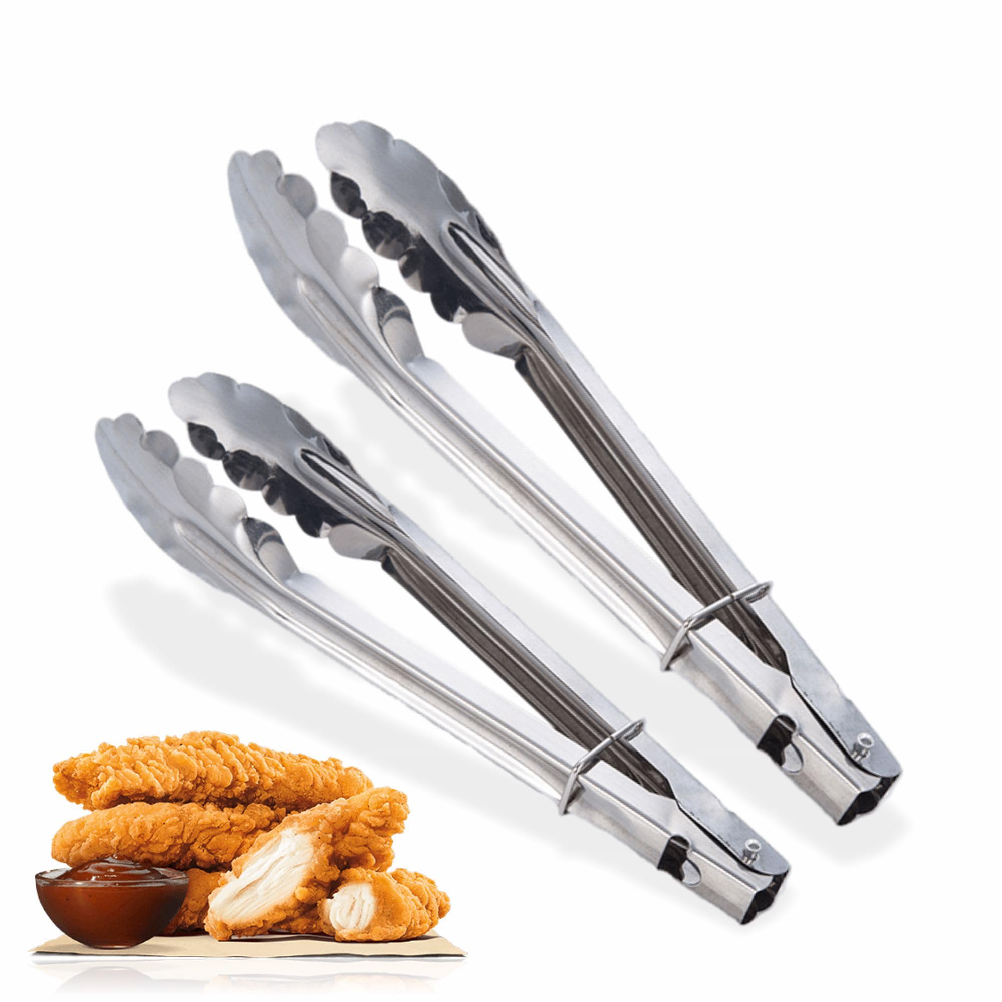 Kitchen Tongs Set Stainless Steel for Cooking Grilling BBQ Meat Serving Frying Buffet Salad Pasta Ice Toaster Air Fryer Food Safe Sturdy Heat Resistant Dishwasher Safe Utensils Gift Silver (2Pc)