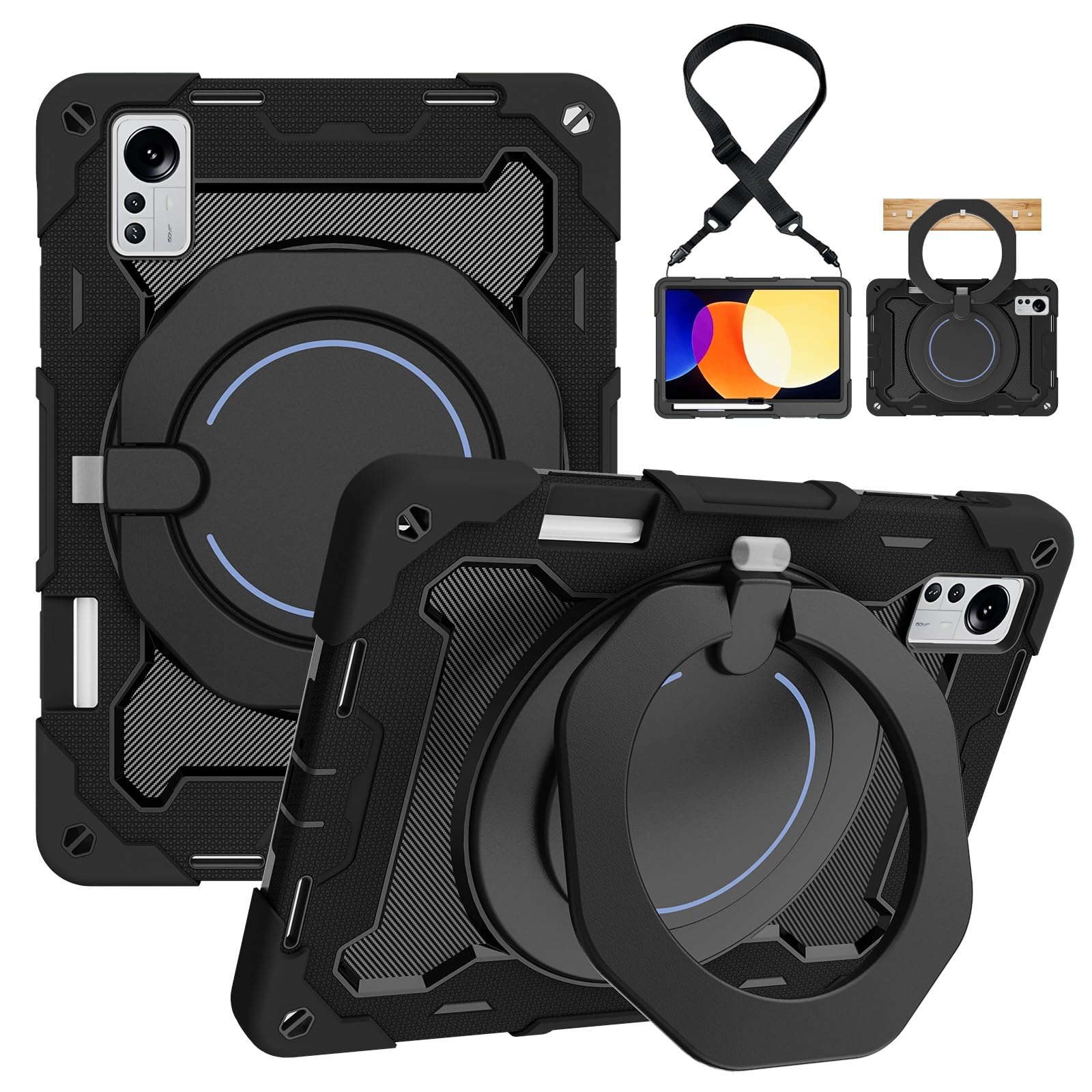 Custodia protettiva completa, resistente, per Xiaomi Mi Pad 5 Pro da 12,4 pollici, supporto girevole a 360°, tracolla, portapenne e anello per impugnatura, copertura antiurto, per bambini e adulti