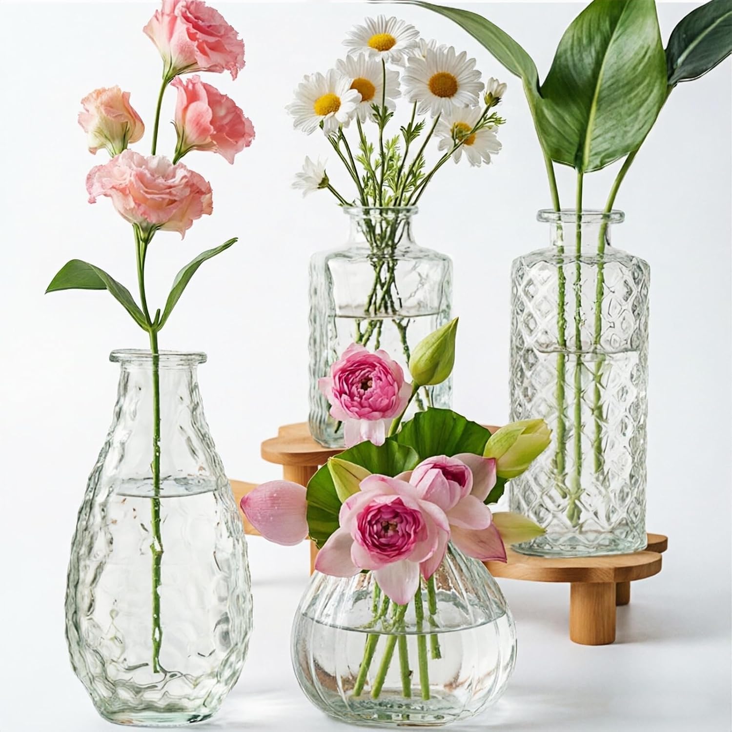 Glass Bud Vases Set of 4,Small Vase for Flowers,Clear Vintage Embossed Mini Vases,Flower Arrangements in Vases for Party or Home Decor (A)