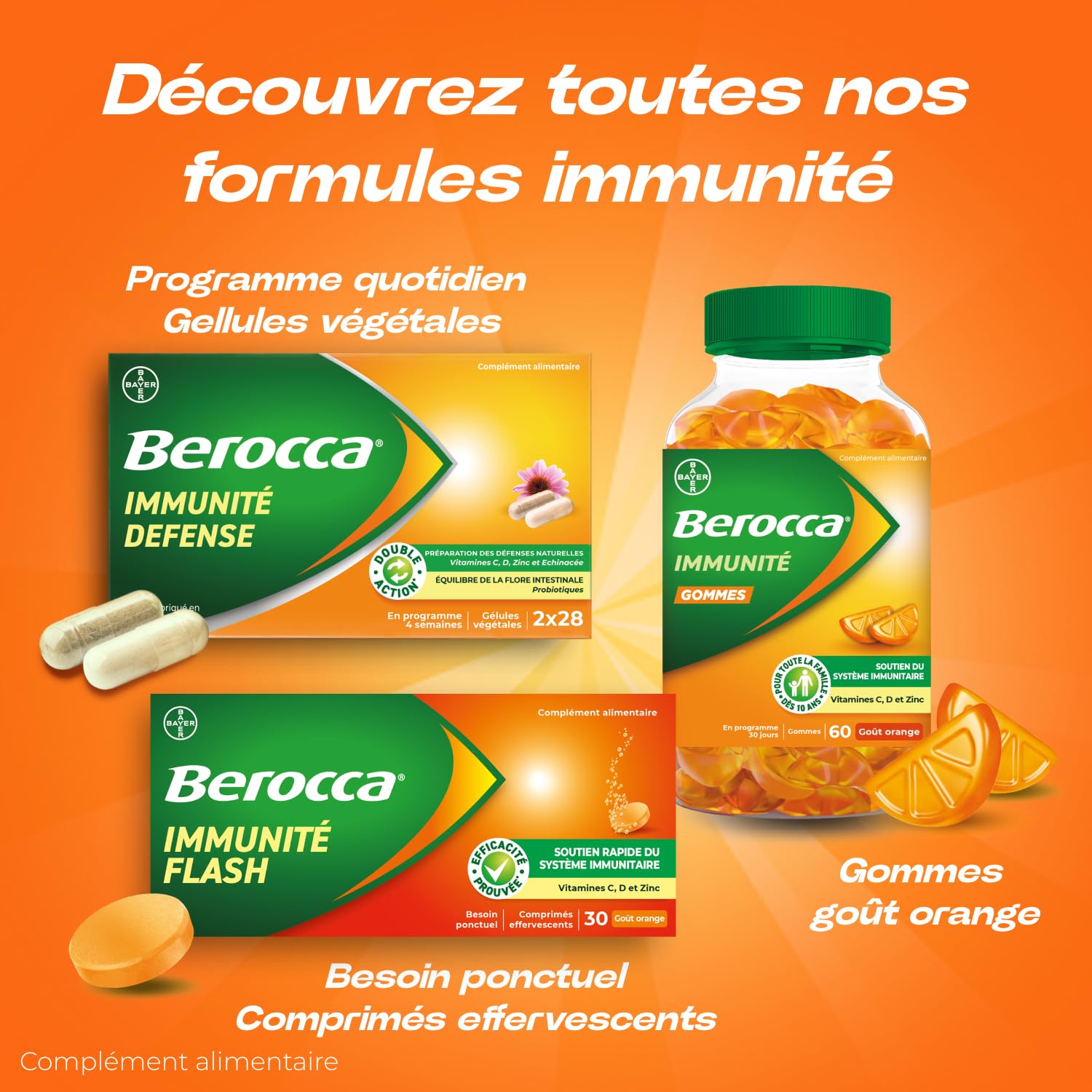 Berocca Immunité Flash - Soutient Système Immunitaire - Complément Alimentaire Immunité - Zinc, Vitamine D & C - Multivitamines et Minéraux - Goût Orange - Maxi Format 60 Comprimés Effervescents