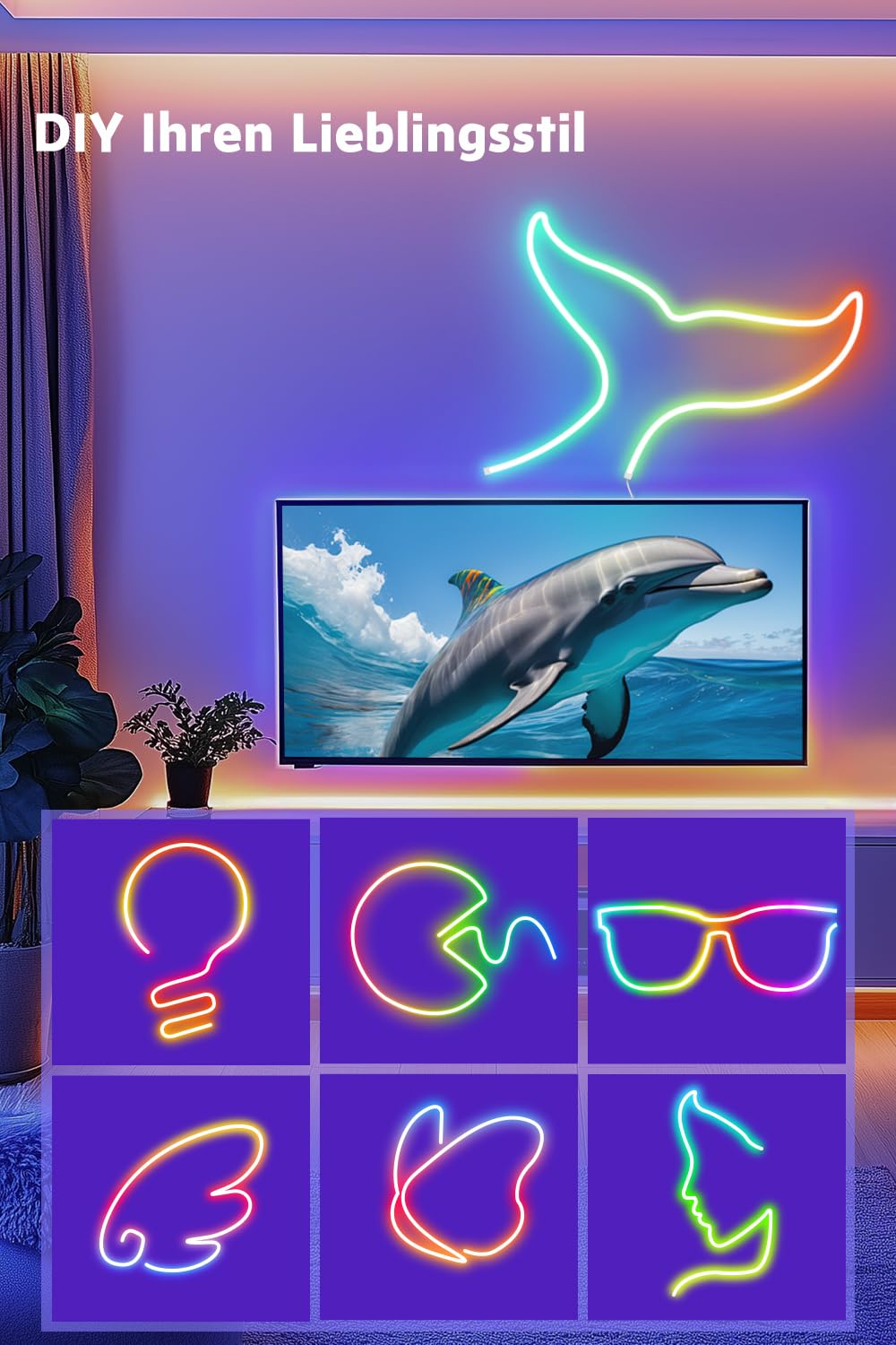 Nixtrve Striscia LED neon RGB 3 m, con controllo app, design fai da te, funziona con Alexa, controllo segmento, sincronizzazione musicale, LED neon per soggiorno, camera da letto, decorazione da