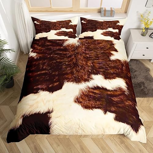 Miniatura 3 de Funda de edredón con estampado de vaca tamaño King, color marrón, beige y blanco, juego de ropa de cama de piel de vaca occidental para niños,