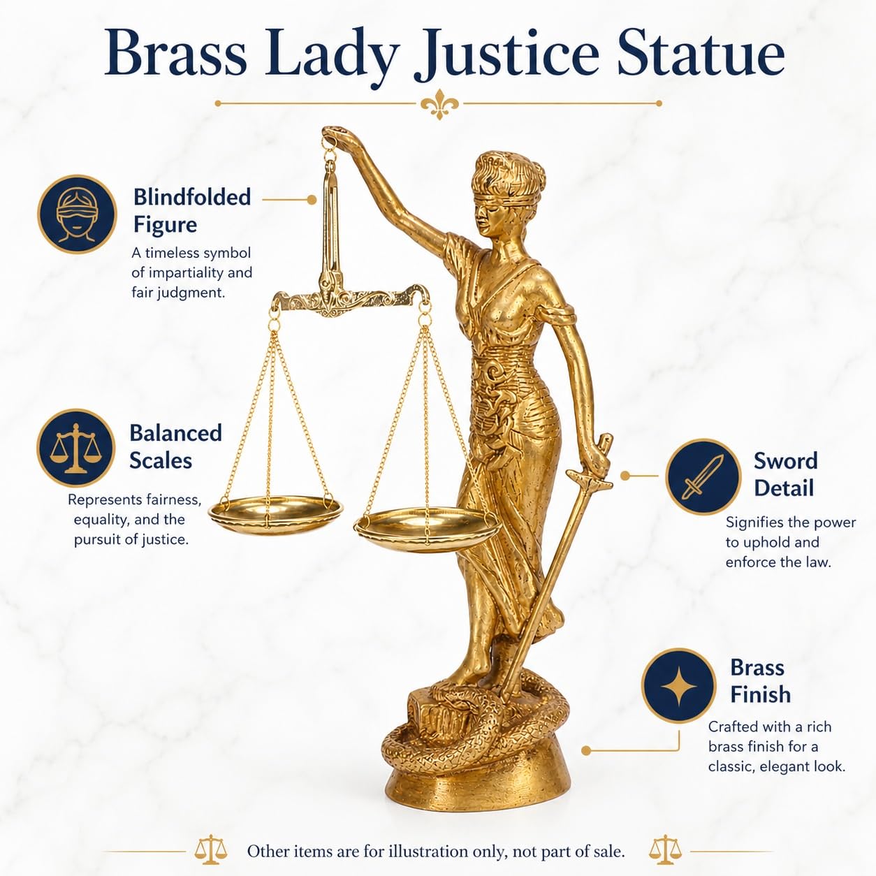 Kartique Mosiężny bożek z zawiązanymi oczami posąg sprawiedliwości pani Andha Kanoon Murti Themis rzeźba złoty kolor wysokość 23 cm