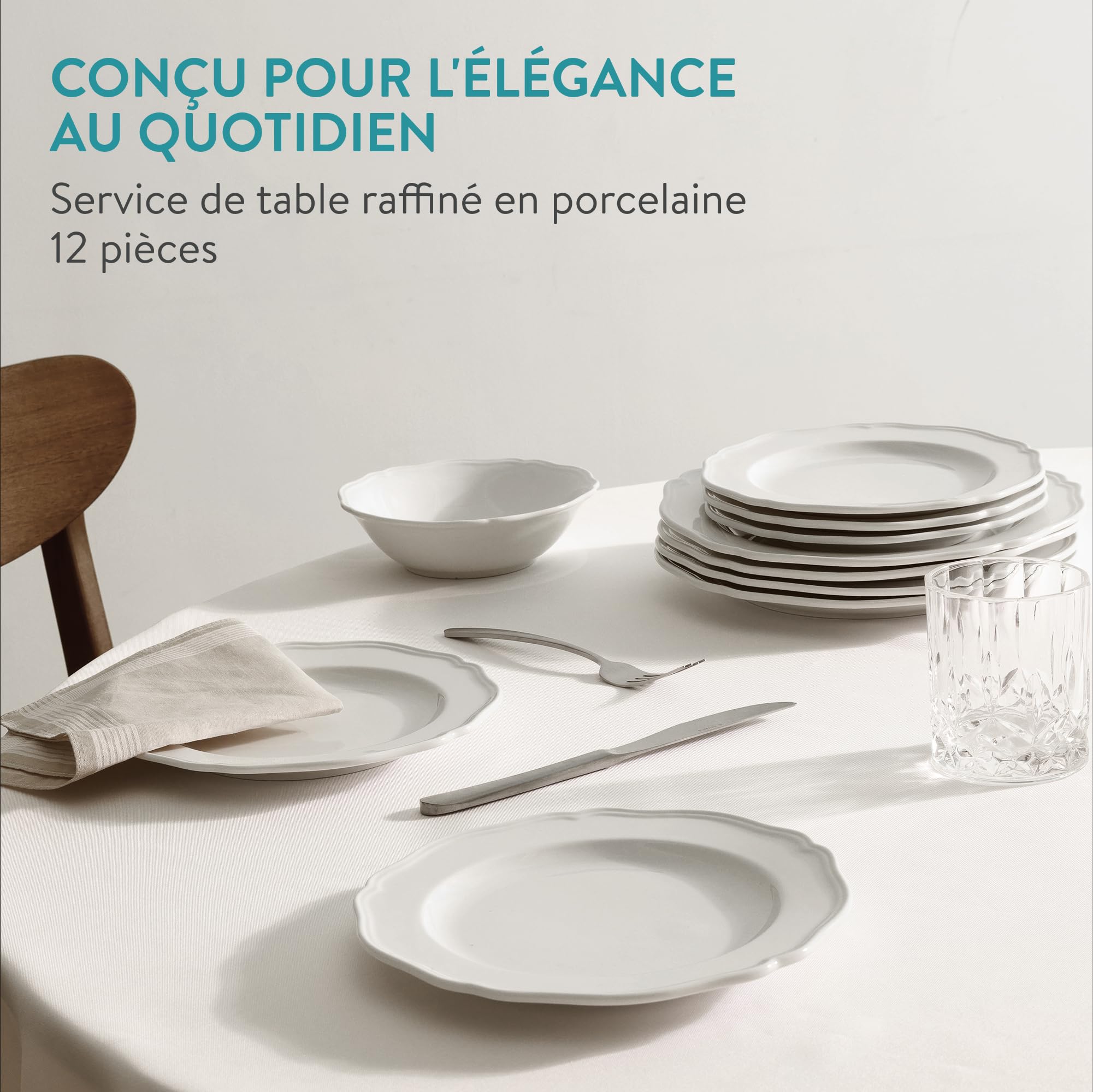 Navaris Assiettes Service de Table 4 Personnes - Ensemble Service Vaisselle en Porcelaine Blanc - Lot avec 4x Assiette Plate 4x Assiette Creuse et 4x Bol - Set Services de Table Complet