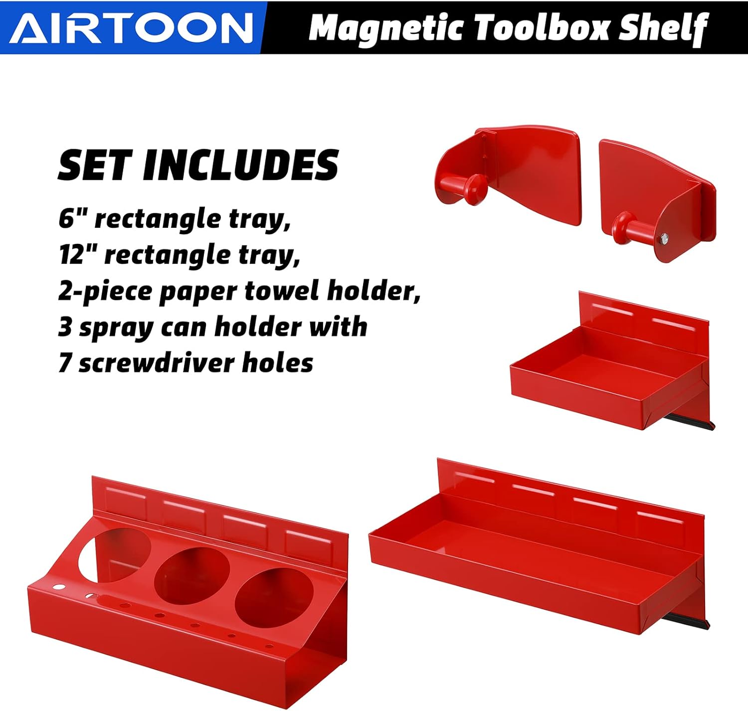 AIRTOON Magnetic Toolbox Tray Set, 4-Piece Magnetic Tool Box Holder, Holds Tools Securely in Place, Powerful Magnetic Tray Set for Shop or Garage, Red