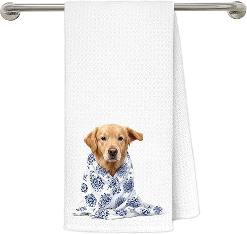 gsgfdshf Blue Chinoiserie Golden Retriever Kitchen Towels 16x24 in, Golden Retri