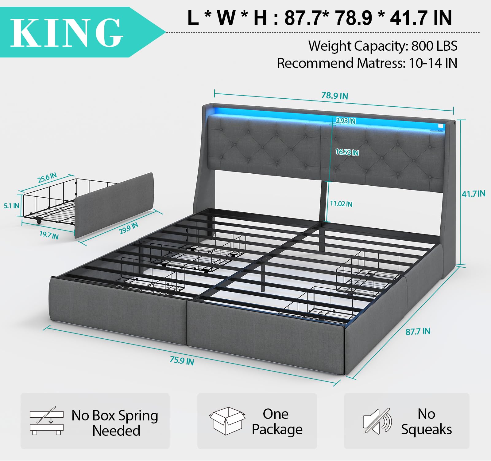 Queen Bed Frame with 2 Storage Drawers, Platform Bed Frame Queen Size with LED Light, Upholstered Headboard, Charging Station, Steel Slat Support, No Box Spring Needed, Noise-Free, Easy Assembly, Gray: King Button Tuffed & 4 Drawers