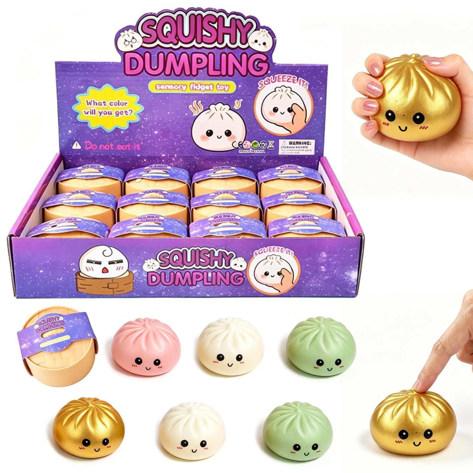 12pcs Glitter Dumpling Squishy, Bao Squishy Dumpling Toy with Plastic Steamer Box, Cute Soft Sensory Fidget Squeeze Toys for Kids Boys Girls Adults Home Office Classroom (C)
