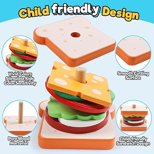 Miniatura 10 de Kizh Juguete apilable de madera para clasificar hamburguesas para niños pequeños, juguetes educativos Montessori de motricidad fina para niños y