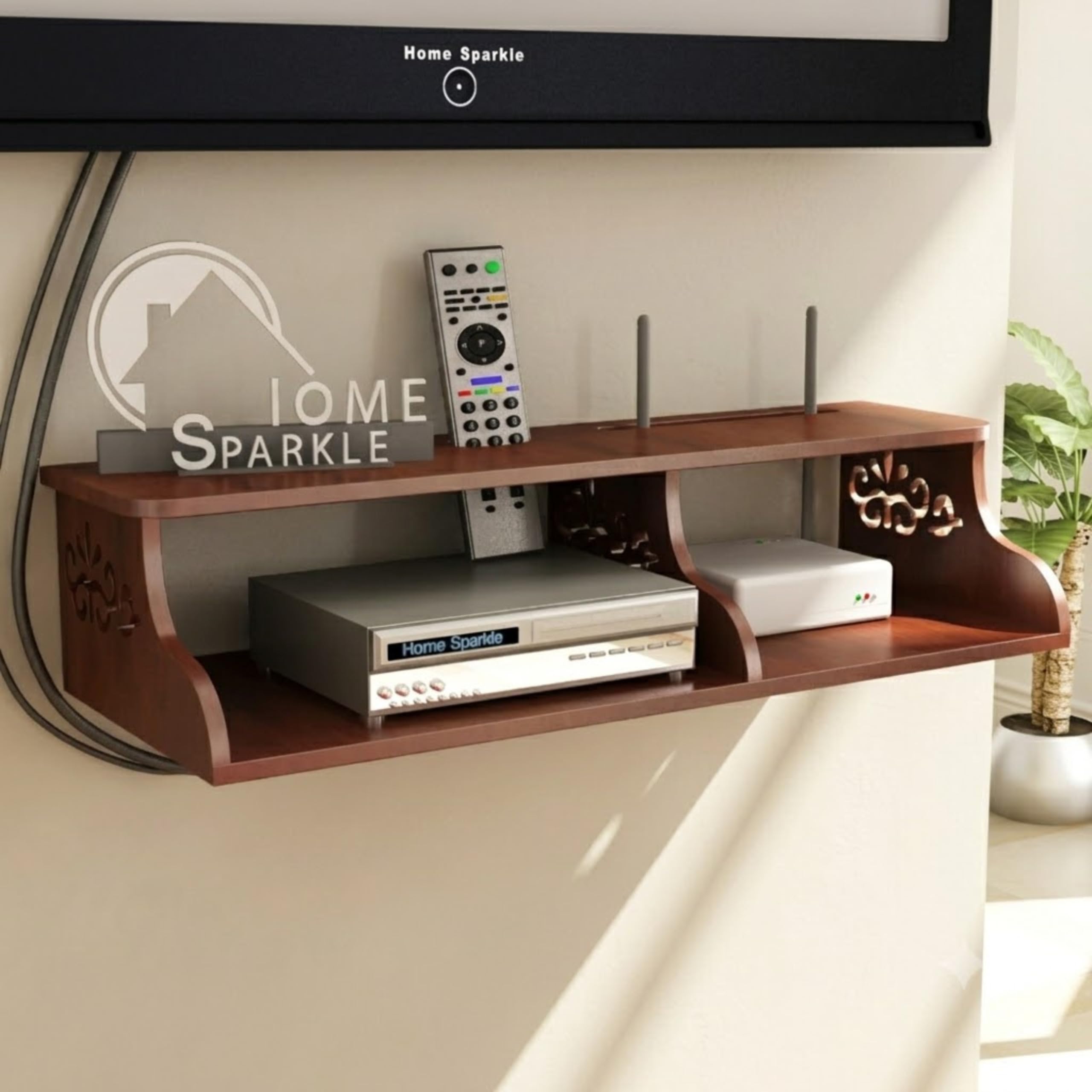 Home Sparkle Wall Mounted TV Entertainment Unit with 2 Wooden Carved Open Shelf Storage for Set Top Box and Wi-Fi Router Ideal for Living Room, Bedroom (Brown)-image-44