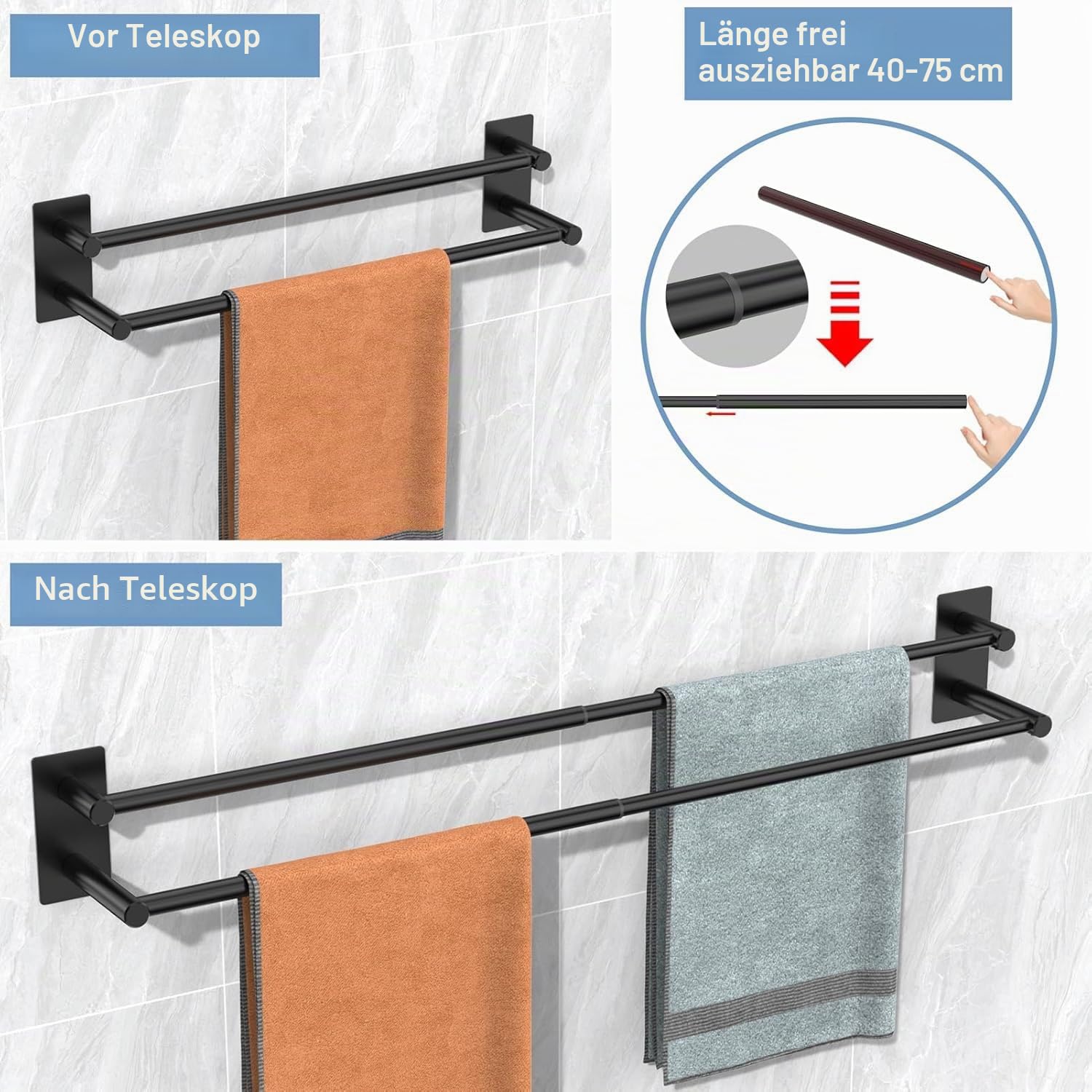 Handtuchhalter Verstellbar 40-75CM Ohne Bohren Doppelt Handtuchstange Selbstklebend Wandmontage 304 Edelstahl Badetuchhalter für Badezimmer, Schlafzimmer und Küche - Schwarz