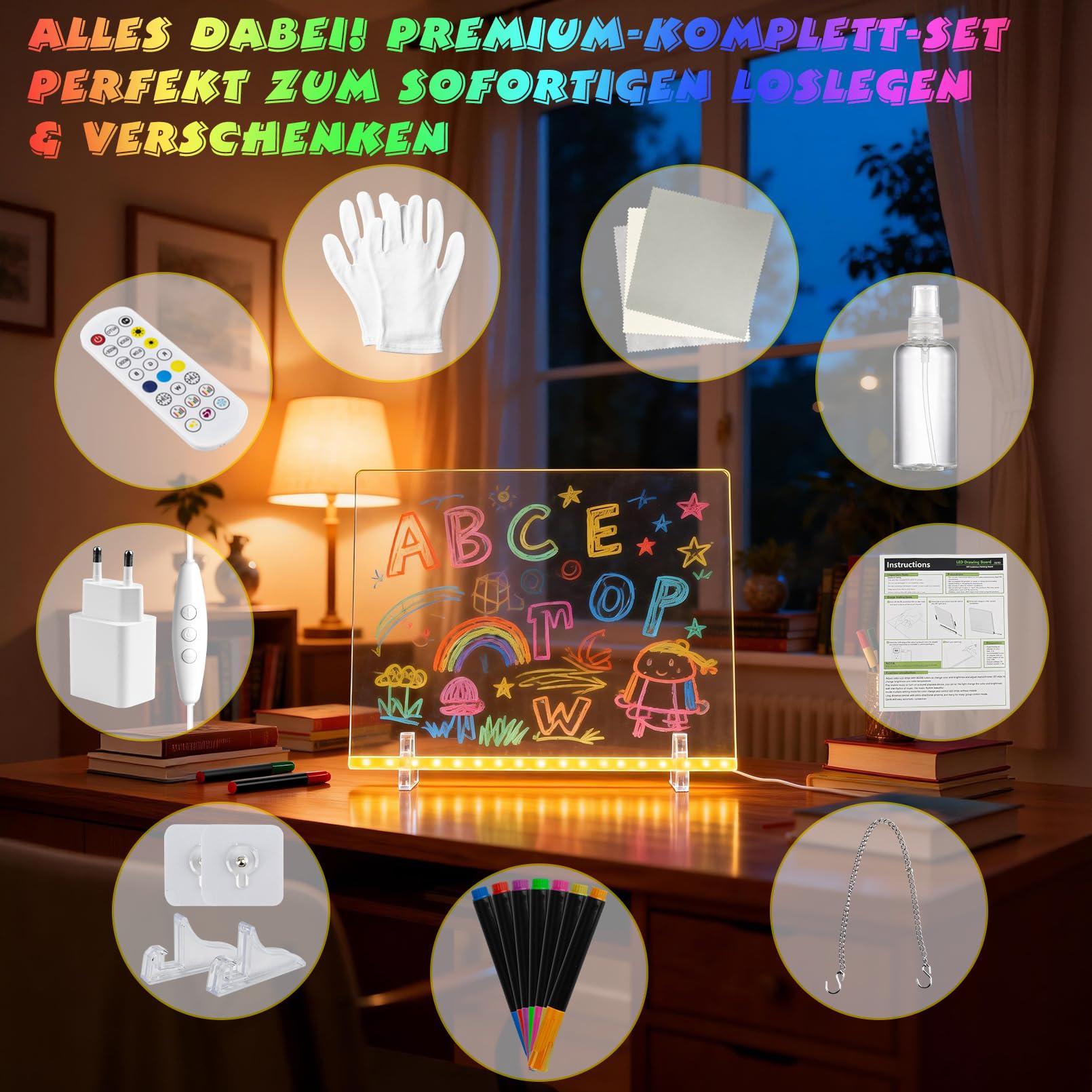 LED Kinder-Zeichenbrett 13 Farben 6 Modi 35x25cm Maltafel Memo Nachtlicht | Bunte LED-Optionen (fest, blinkend, fade) fördern Kreativität und bieten abwechslungsreichen Malspaß für Kinder