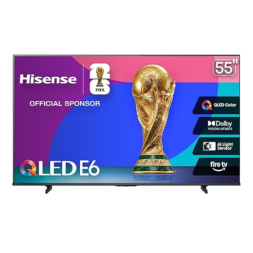 Hisense 55" E6 Cinema Series QLED 4K UHD Smart Fire TV (55E6QF, 2025 Model) - QLED, AI Light Sensor, Dolby Vision · Atmos, Voice Remote with Alexa, Motion Rate 120, HDR 10+ Adaptive, Game Mode Plus