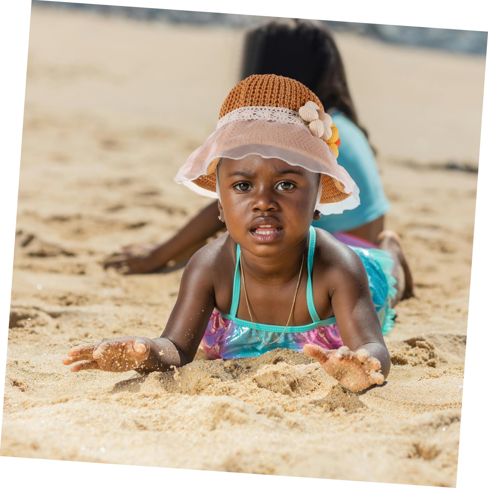 HHRFCS Sombrero de Sol para niño y niña, Sombrero de Playa de Paja para niño y niña, Actividades al Aire Libre de Verano, Flor de Encaje, Color Caqui