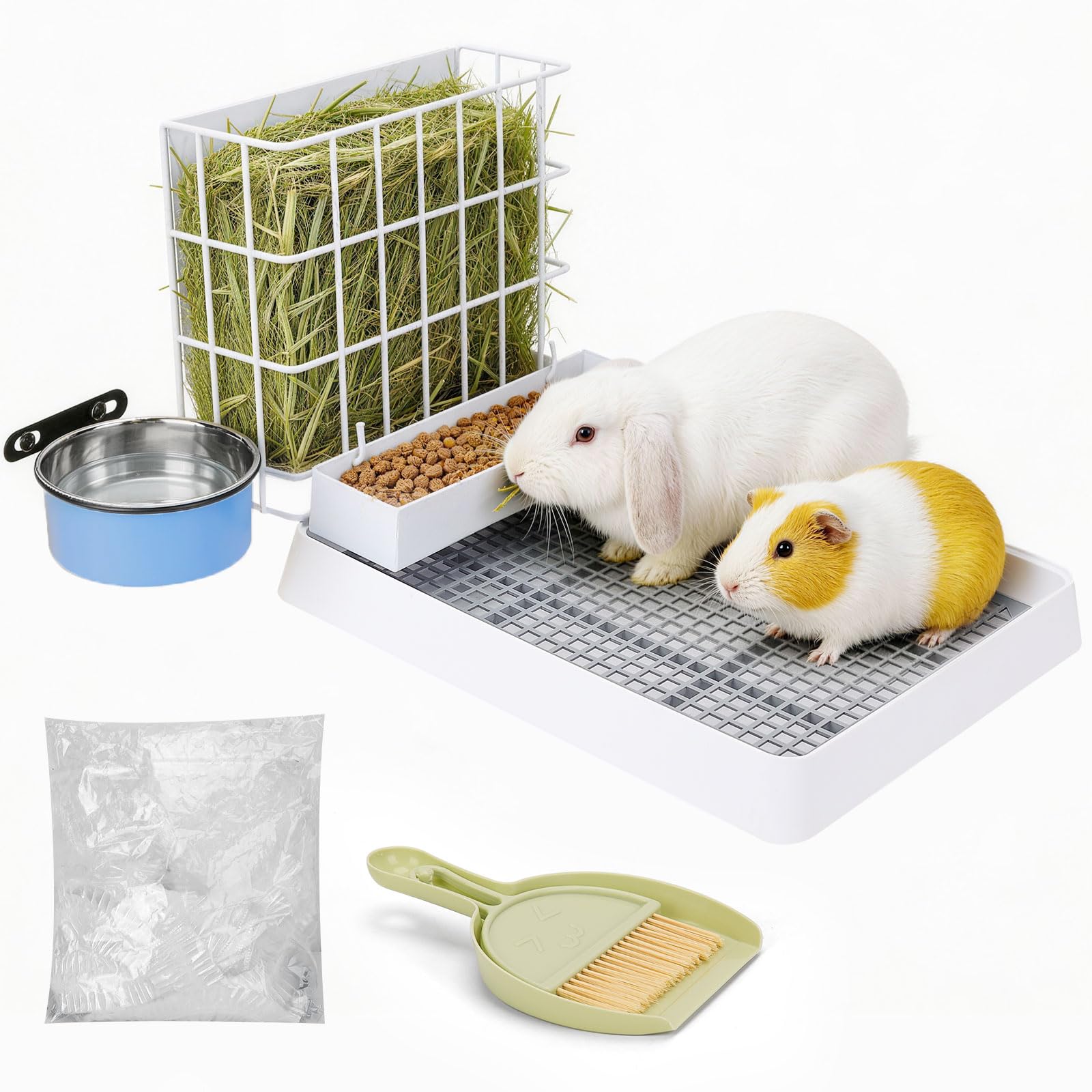 3 in 1 Rabbit Litter Box with Hay Feeder, Bunny Litter Box with Metal Guinea Pig Hay Feeder and Hanging Water Bowl for Bunny, Guinea Pigs, Chinchillas and Other Small Animals