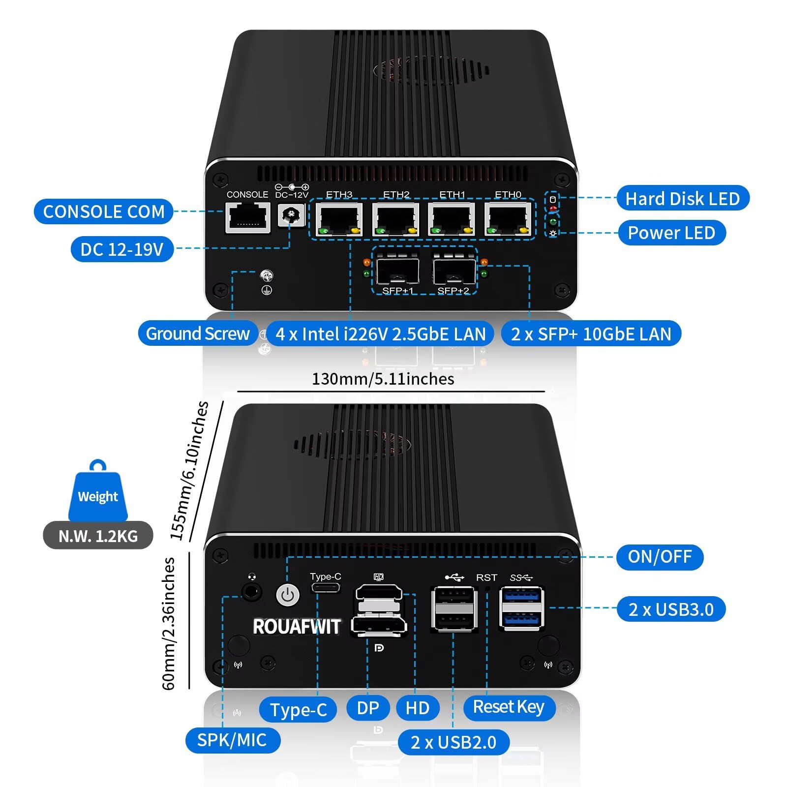 Firewall Mini PC Pentium 7505, 2x 10GbE SFP+, 4x 2.5GbE LAN, Barebone