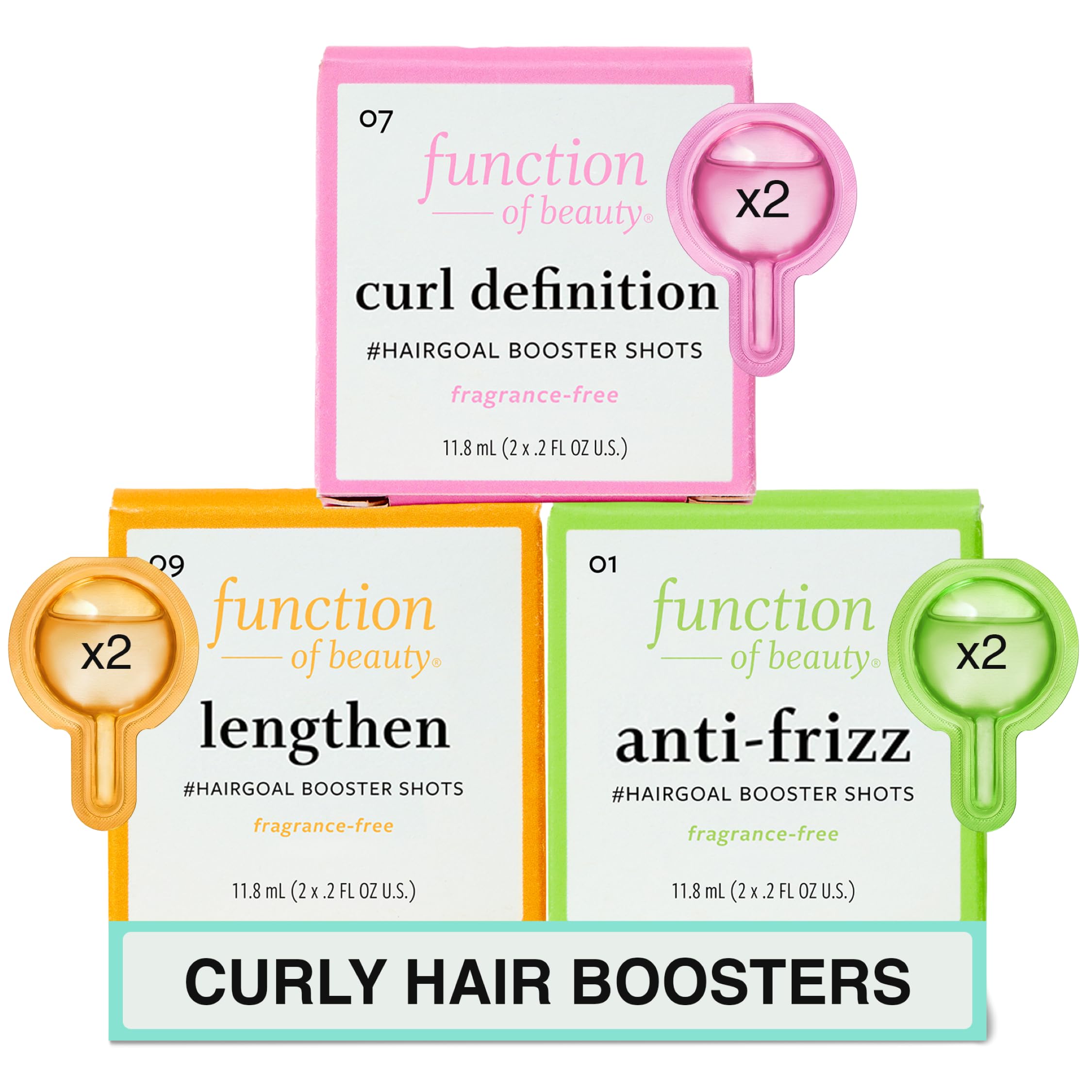 Function of Beauty Curly Hair Add-In Booster Treatment Bundle - Curl Definition, Lengthen & Anti-Frizz Booster Shot Add-Ins to Enhance Shampoo, Conditioners & Hair Care Products
