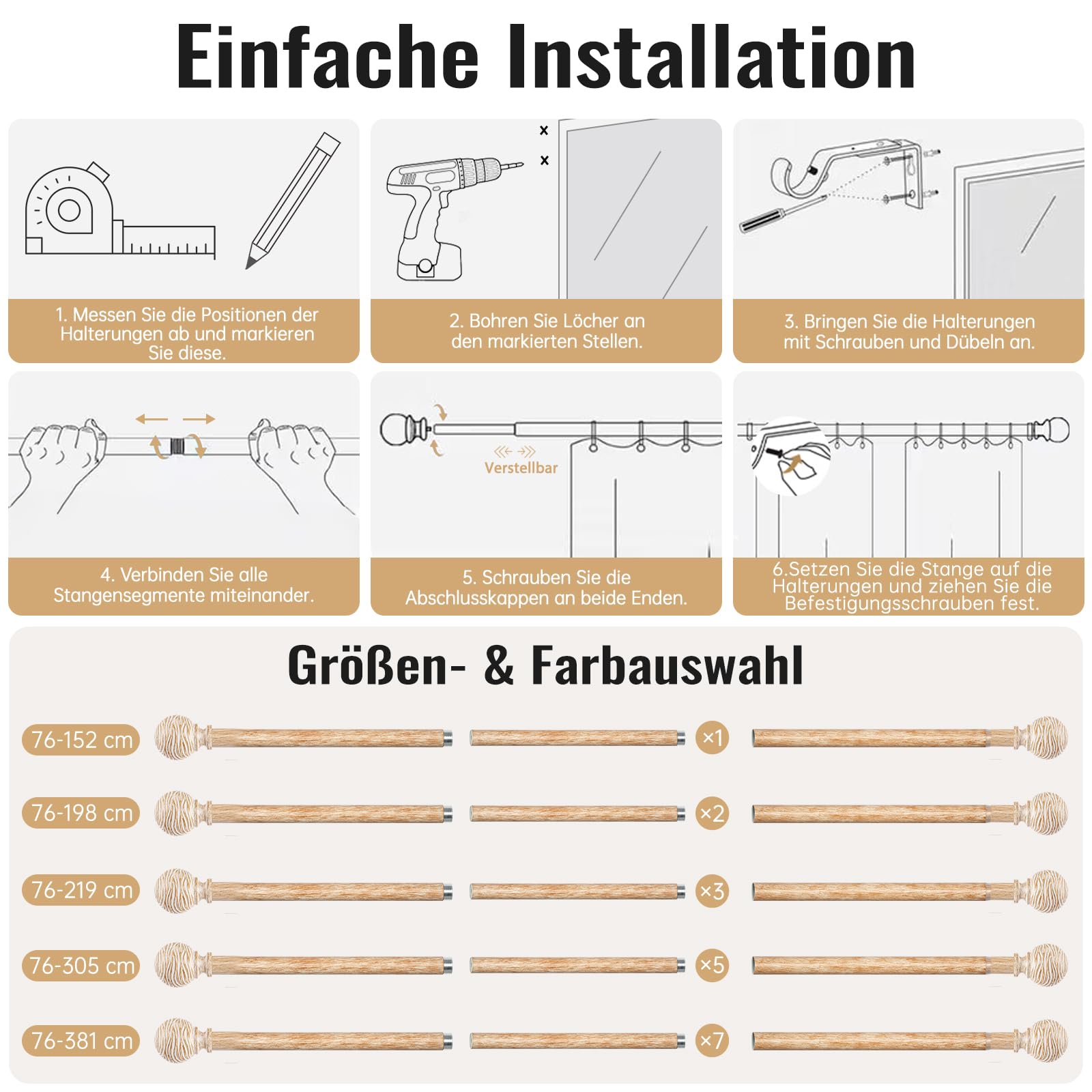 Gardinenstange Hellbraun 76–381 cm, Vorhangstange Ø 25 mm | Ausziehbare Vorhangstange, Metall mit Holzoptik, Wand/Deckenmontage