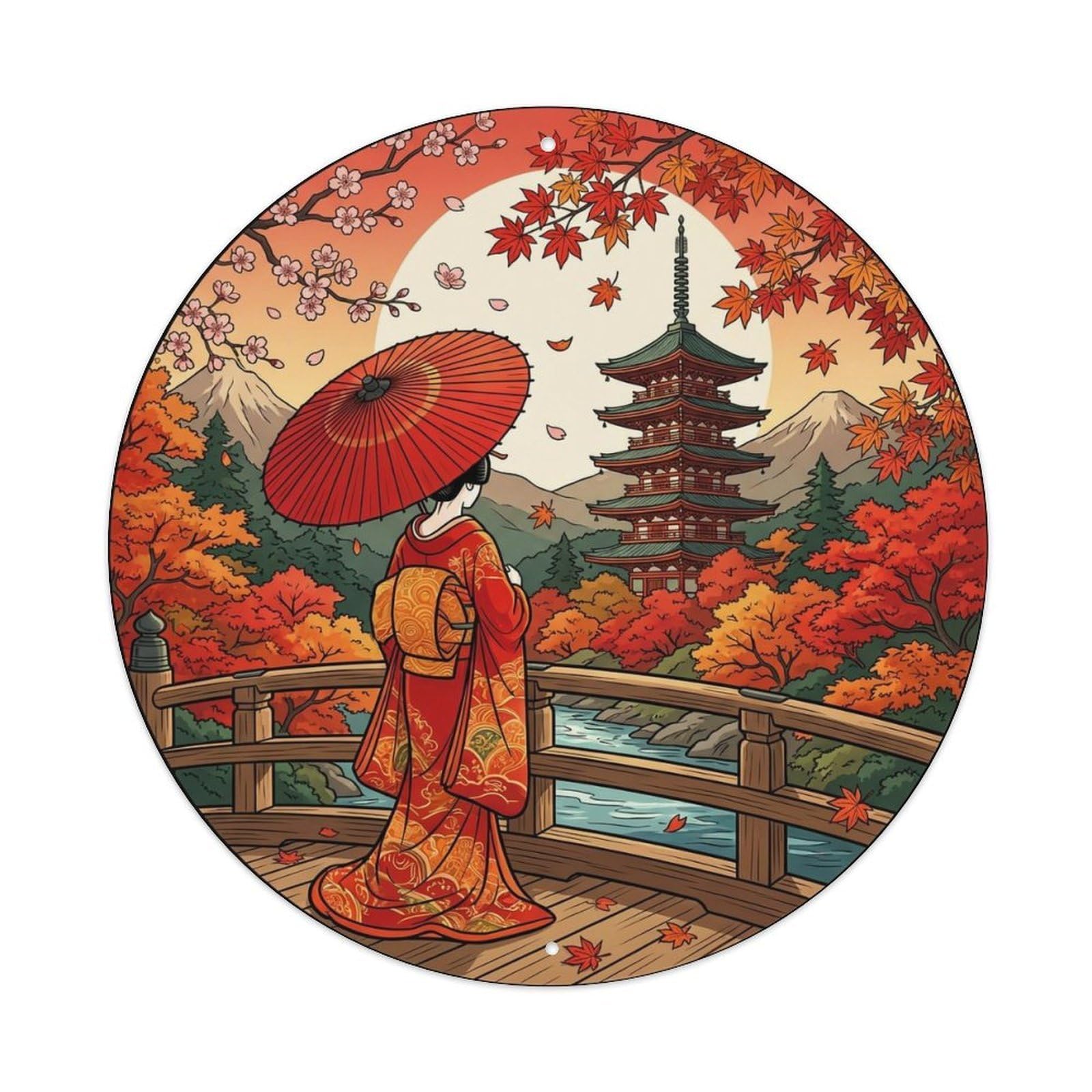 Japanese Geisha Autumn Maple Mountain Nostalgic Imagery Metal Tin Sign