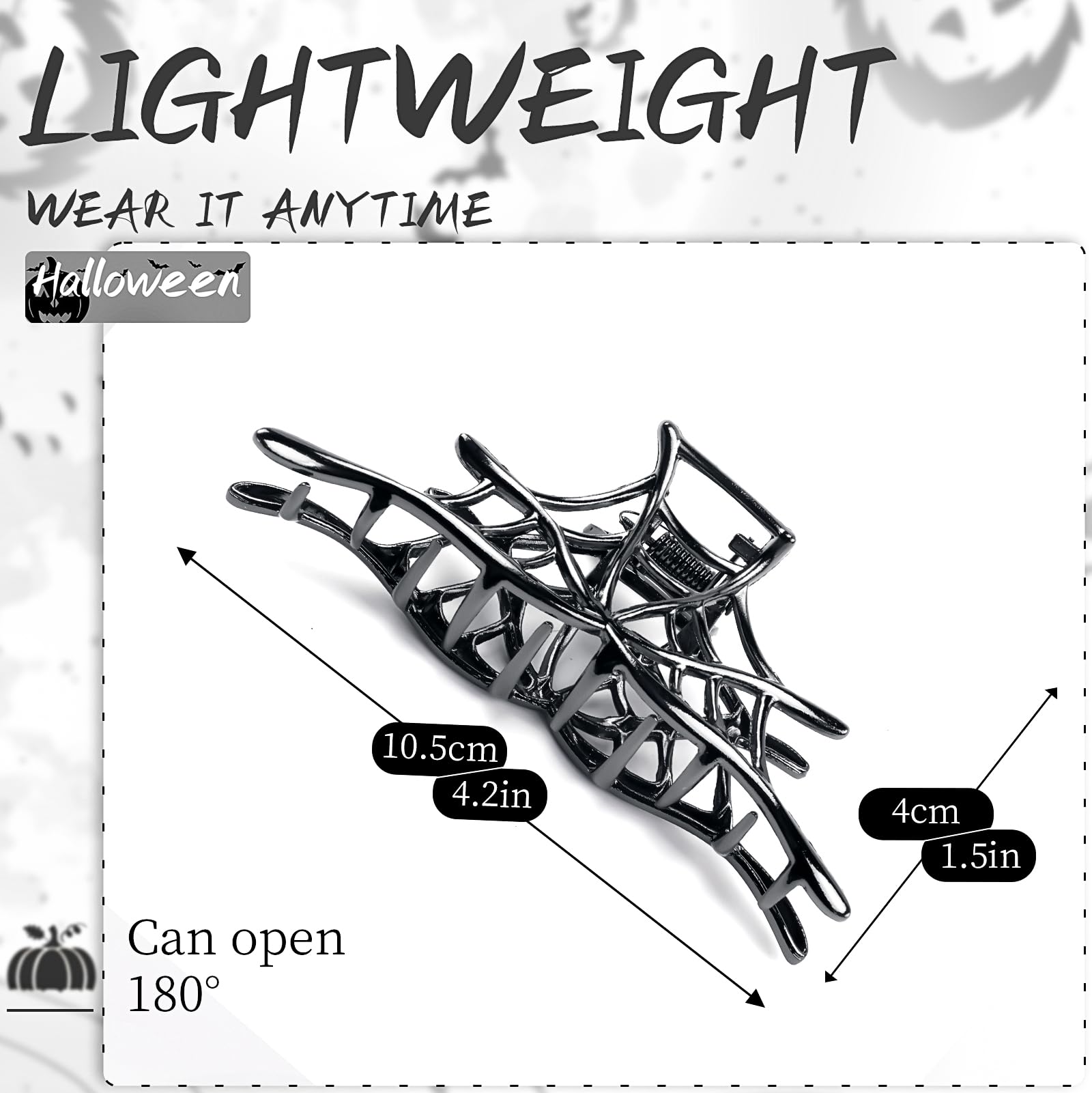 3 fermagli per capelli neri gotici grandi, per Halloween, in metallo, con design a ragnatela punk, in acrilico, antiscivolo, per acconciature spesse e sottili